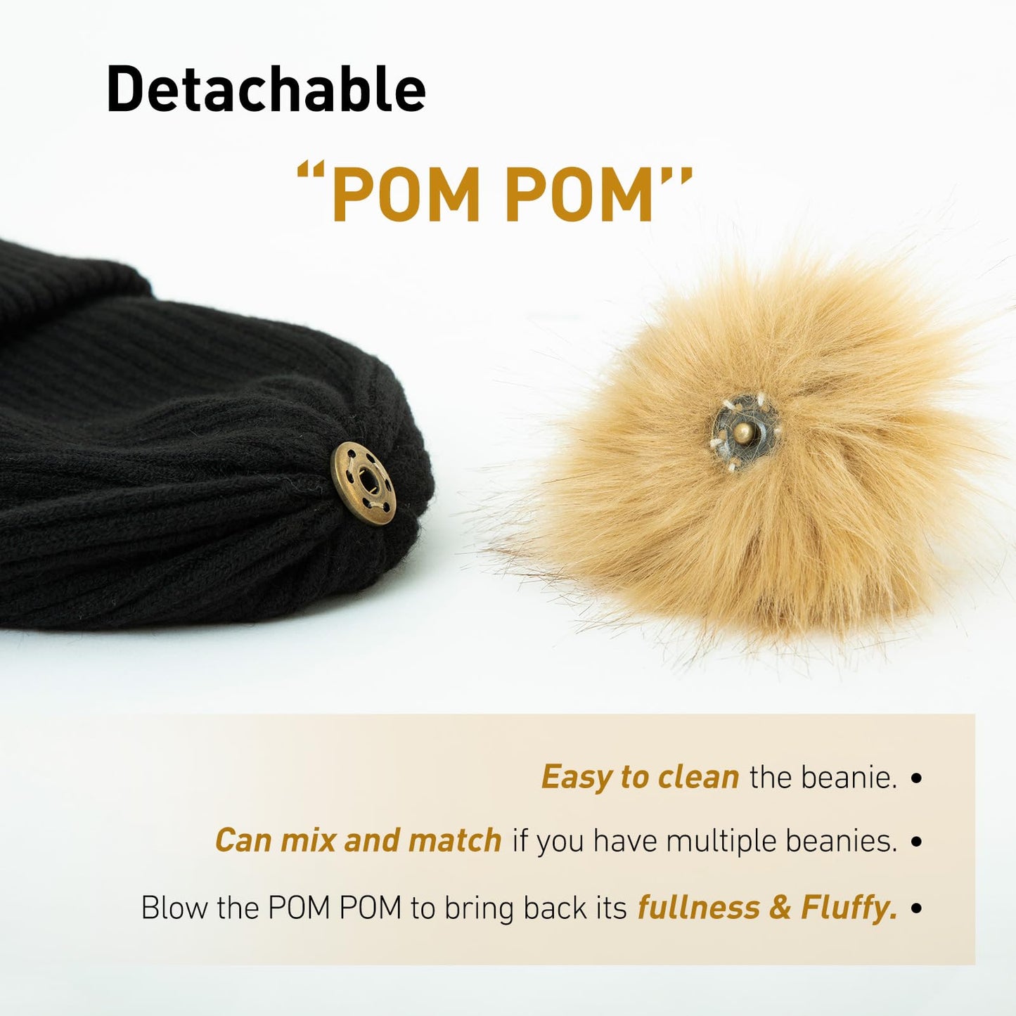 TOP-EX M/L/XL Women Winter Beanie Pom Hat Warmer Wool Cashmere Knitted Cap Double Layer Hat Cold Weather Snow Hat with Faux Fur Pompom Black