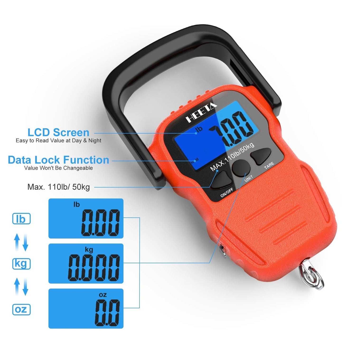 HEETA Fish Scale with Backlit LCD Display, Up to 110lb/50kg Digital Portable Hanging Fish Weight Scale with Hook & Measuring Tape for Home, Farm, Outdoor, Hunting, Fishing, 2 AAA Batteries Included
