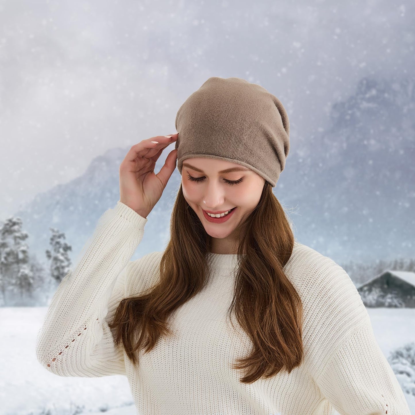 Facecozy Satin Lined Beanies Women Slouchy Beanie Knit Winter Hat for Women Men Silky Lining Lightweight Skull Beanies Cap (Brown)