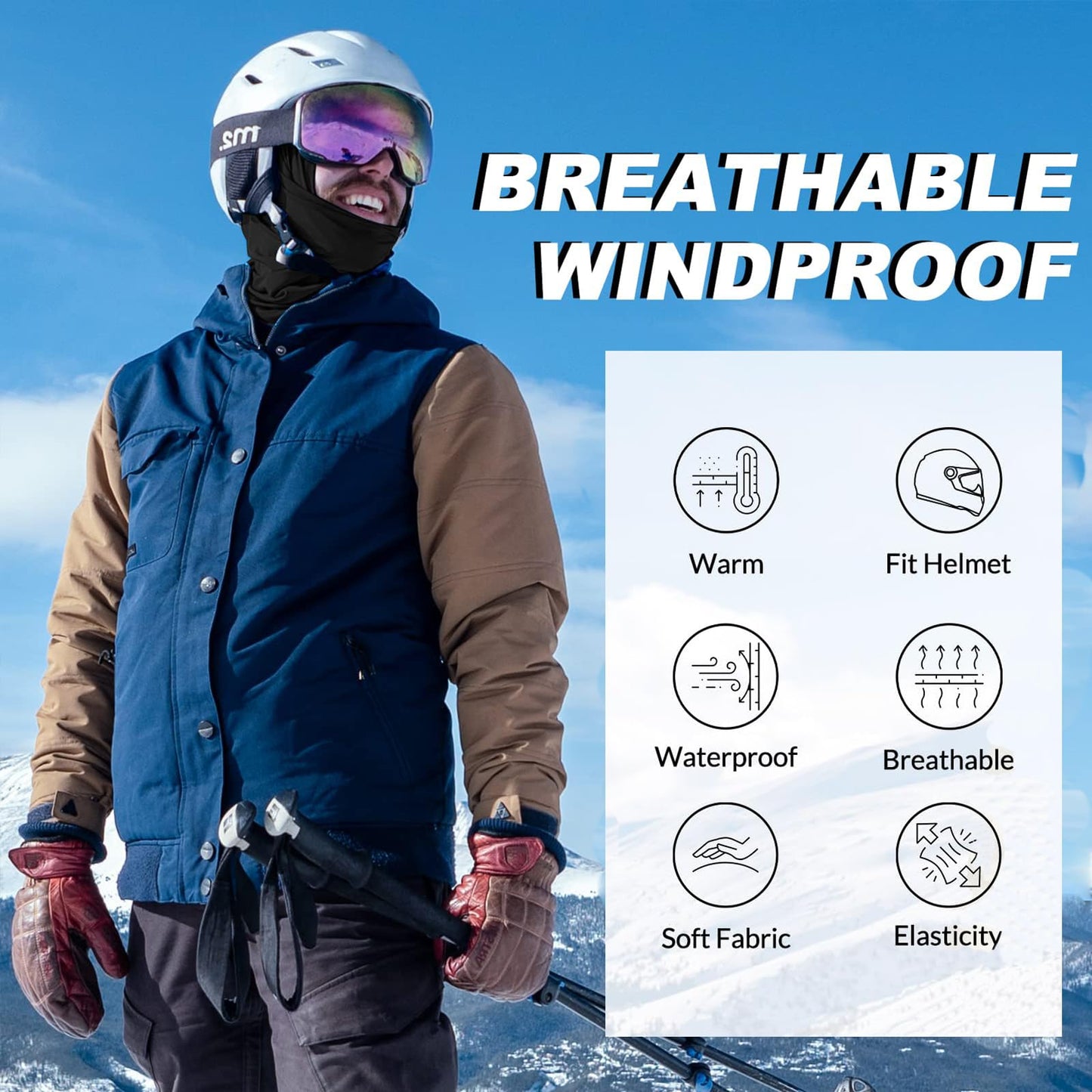 Epsoco Balaclava Ski Mask Winter Waterproof Face Mask for Men Women Windproof Fleece Cold Weather Gear Skiing Snowboarding Neck Gaiter Black