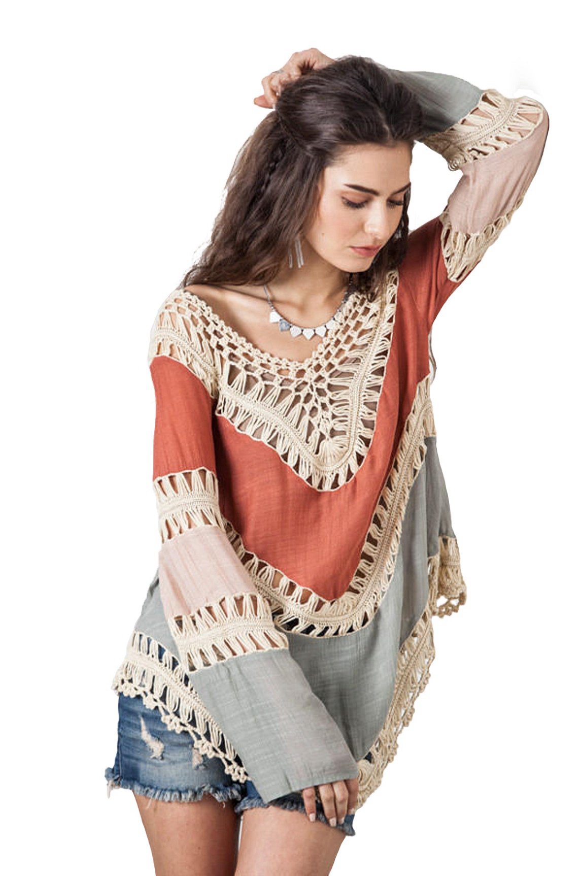 Vanbuy Women’s Boho V Neck Crochet Tunic Tops Long Sleeve Hippie Gypsy Tops Beach Cover up Z01-Orange