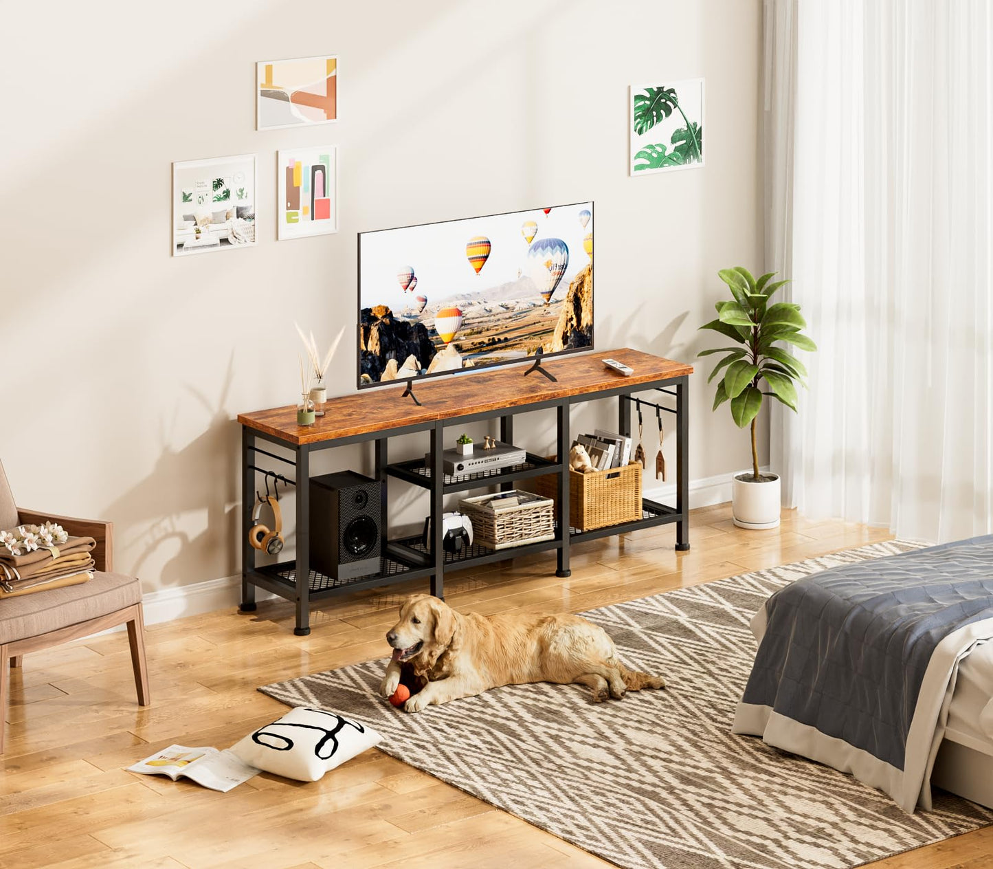 Furologee TV Stand for TVs up to 55 Inch, Entertainment Center with Open Storage Shelves, TV Media Console Table with Soundbar Shelf for Living Room, Bedroom, Rustic Brown