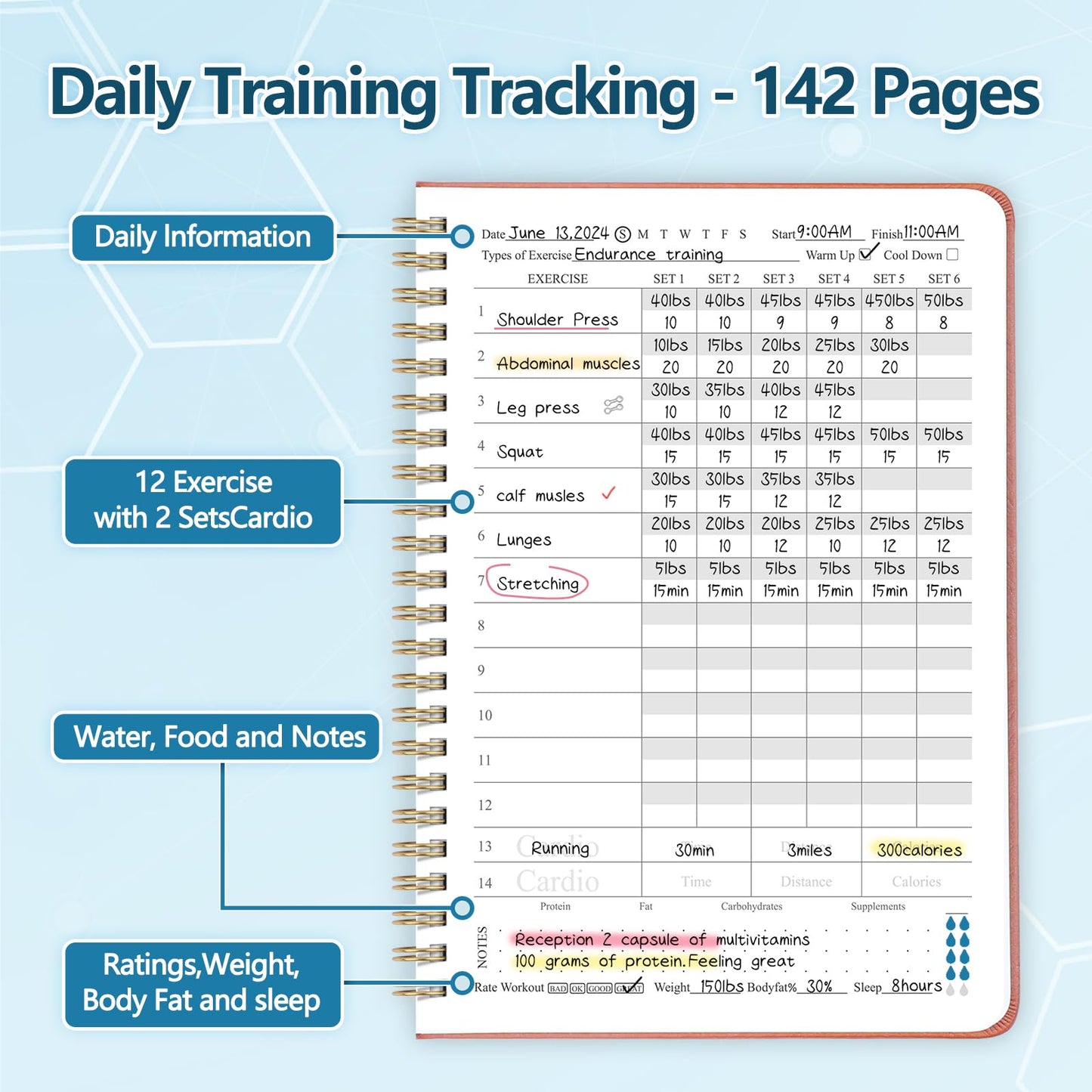 Fitness Journal Workout Journal for Women & Men, Hard Cover Leather Fitness Planner, Workout Log Book With Gym Goals, Calendar, Progress Tracker, A5-5.7" x 8.3" - Rose Gold