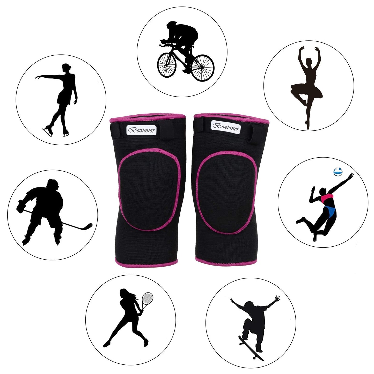 Bezioner Knee Pads Volleyball,Thick Sponge Anti-Slip,Dance Knee Pads for Women Yoga Basketball Football Youth Girls Black and Pink S