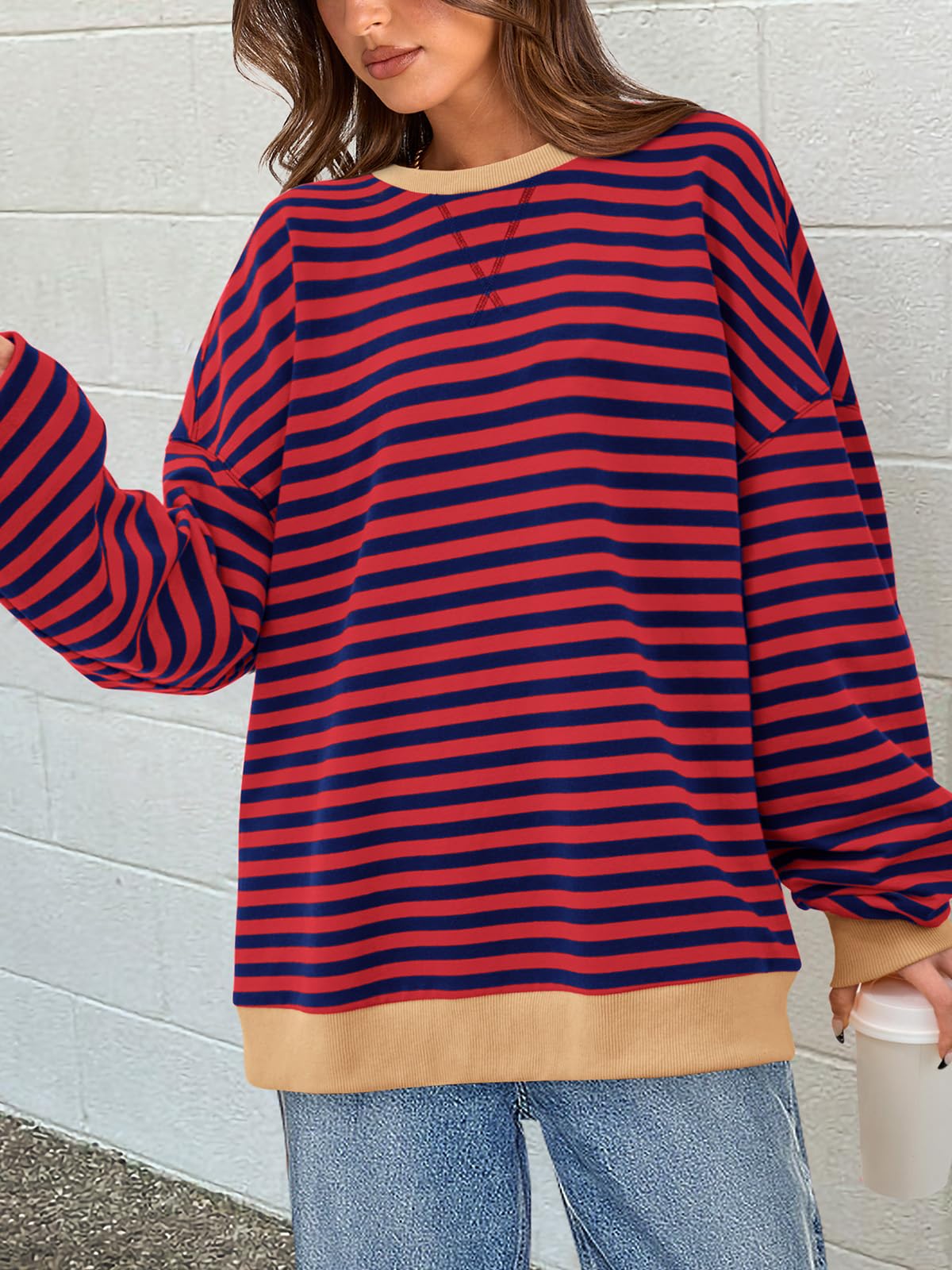 PRETTYGARDEN Womens Oversized Sweatshirt Casual Striped Color Block Long Sleeve Crewneck Pullover Tops Spring Y2k Clothes (Red Navy, Medium)