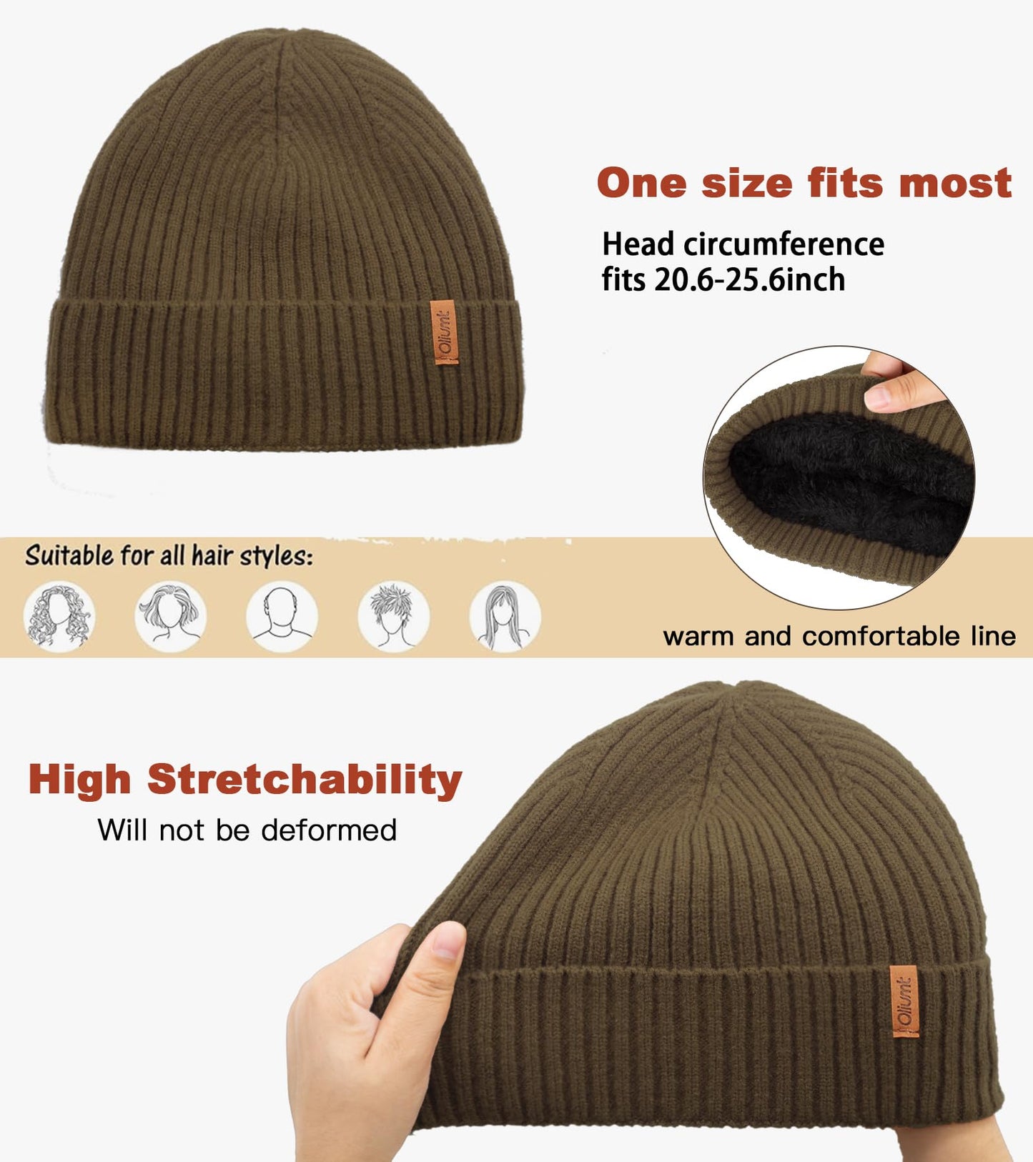 Oliumt Beanie Hat for Men Women Winter Hats for Women Men Soft Warm Unisex Cuffed Beanie Knitted Skull Cap (US, Alpha, One Size, Black/Brown)
