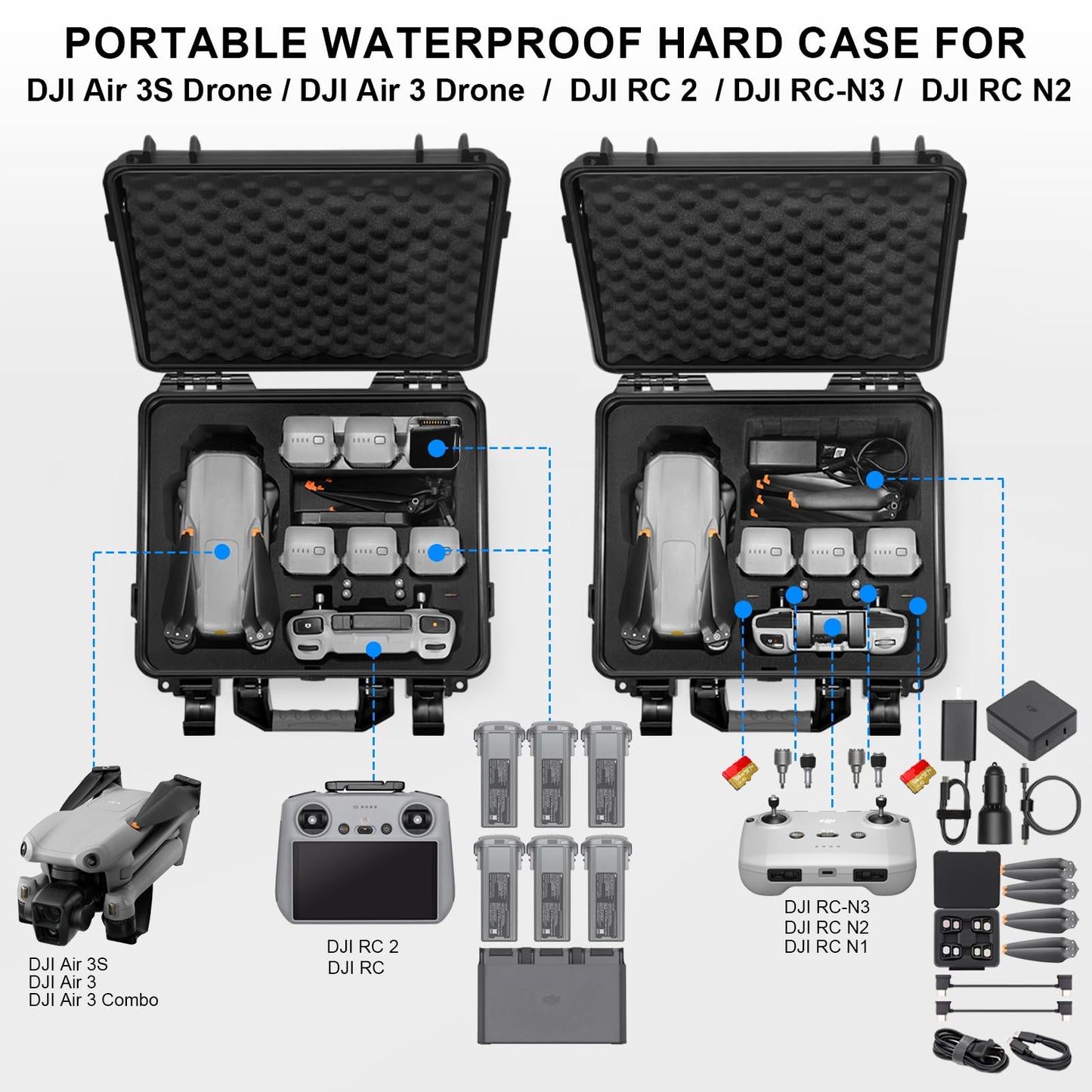 Lekufee Waterproof Hard Case Compatible with DJI Air 3S/3 Drone/Fly More Combo/RC 2/N3/N2 Remote Controller and Accessories (Case Only)