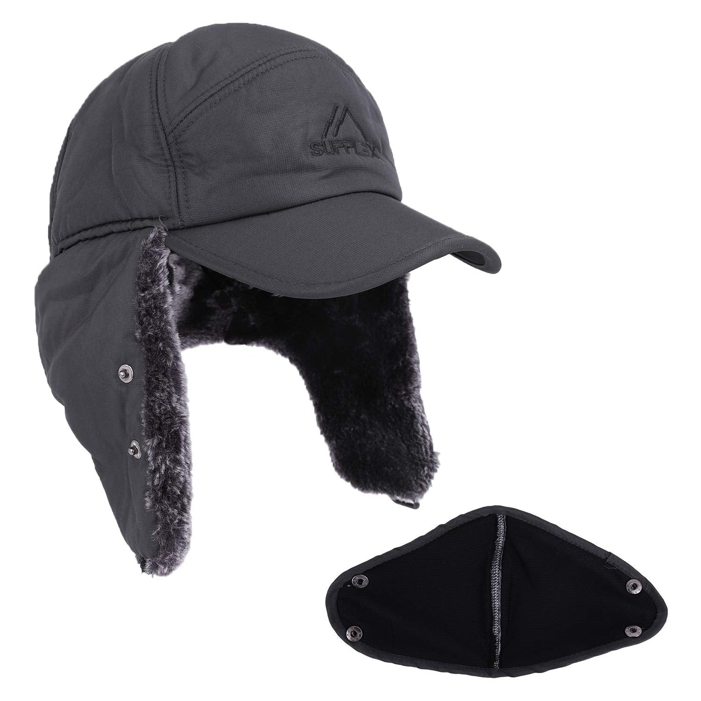 Faux Fur Cap Hat with Brim Outdoor Windproof Winter Warm Balaclava Face Cover Mask Ushanka Earflap Fur Baseball Cap Hat Holiday Travel Christmas Birthday Gift for Men Women Teen Junior Boy Girl Gray