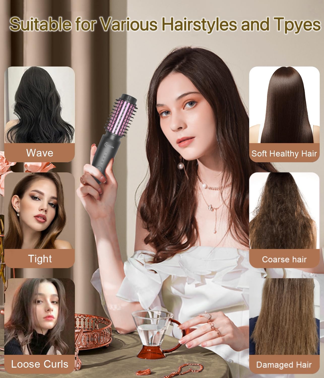 Fitdafit Cordless Hair Curling Iron Brush, 1.5" Mini Cordless Hair Curler, 3-in-1 Travel Curling Brush Hair Straightener Comb Rechargeable, 410℉ Heated Ionic Curling Tool for All Styles, Black