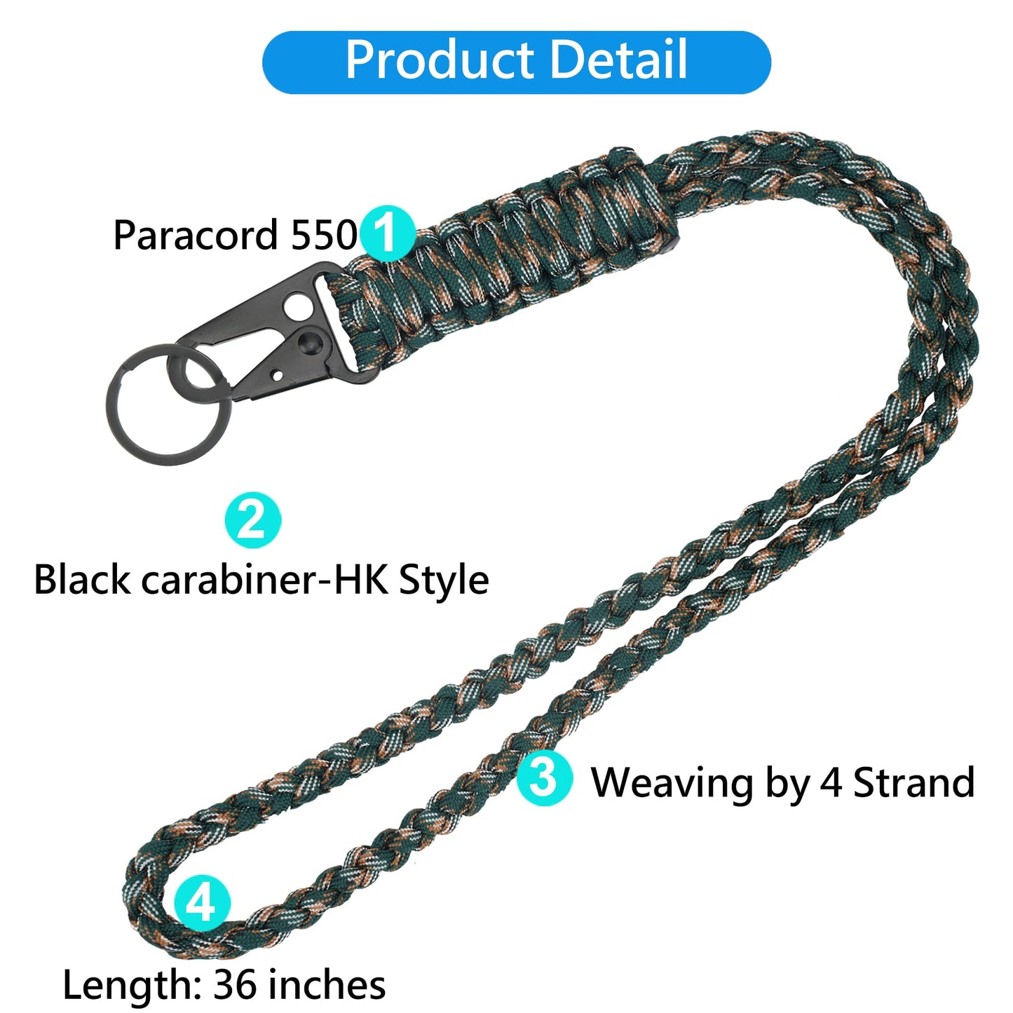 LAREDTREE Heavy Duty Paracord Lanyard Keychain, Paracord Necklace Cell Phone Keychain Whistles Wrist Braided Strap (Camo + Black)