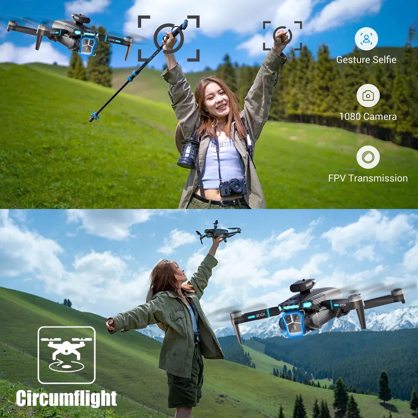 Drone with Camera 4k HD FPV Foldable Drone for Beginners, Quadcopter with Voice Gesture Control, One Key Take Off/Land, Optical Flow Positioning, 360° Flip, Waypoint Fly,2 Batteries