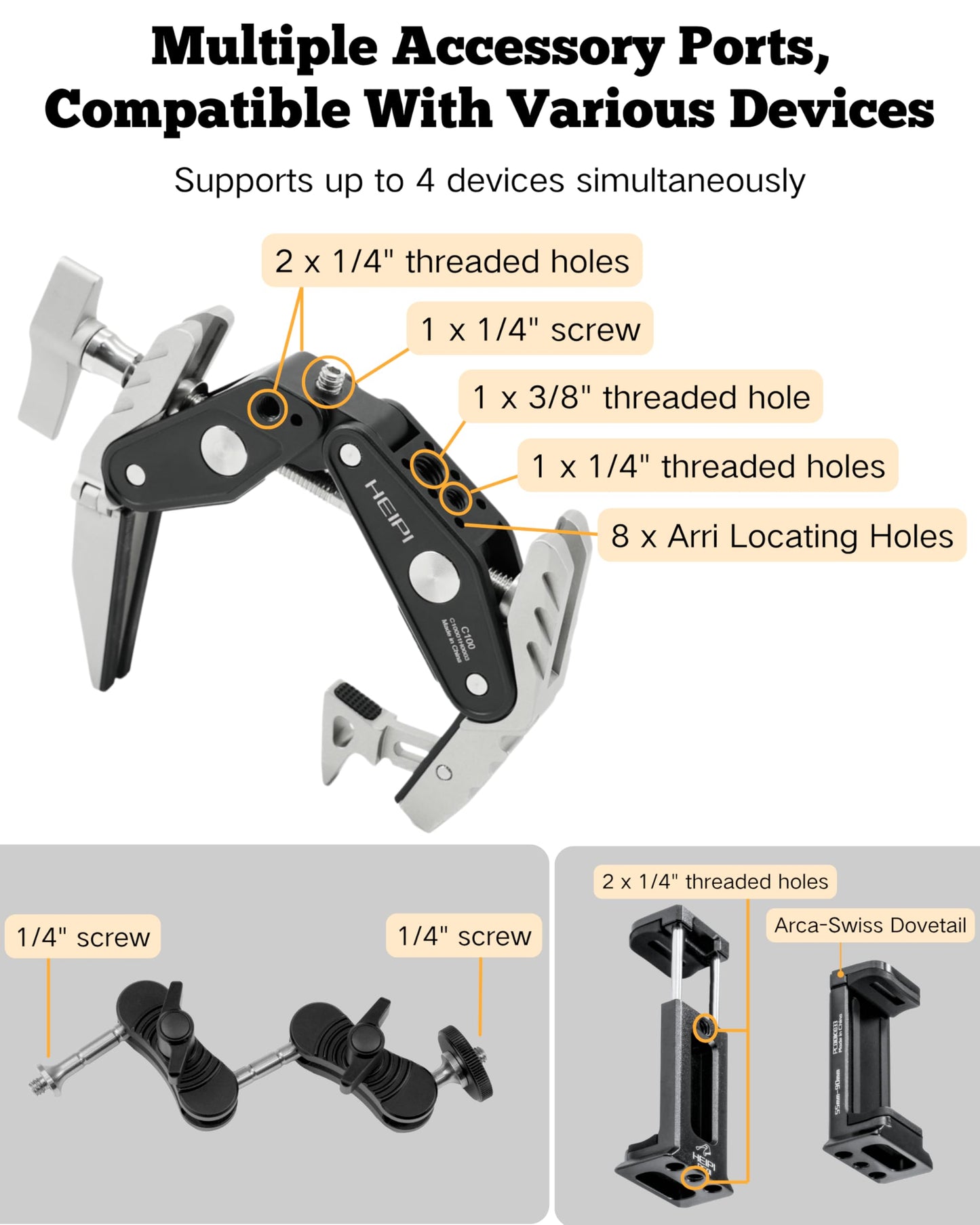 HEIPI Super Clamp Phone Camera Mount Holder [2-in-1 Clamp & Stand] with Four 360°Rotation Long Magic Arm Phone Clip Mount Adapter Holder for Phone/Gopro/Canon/Nikon/Camera/Insta360/Pocket/Action