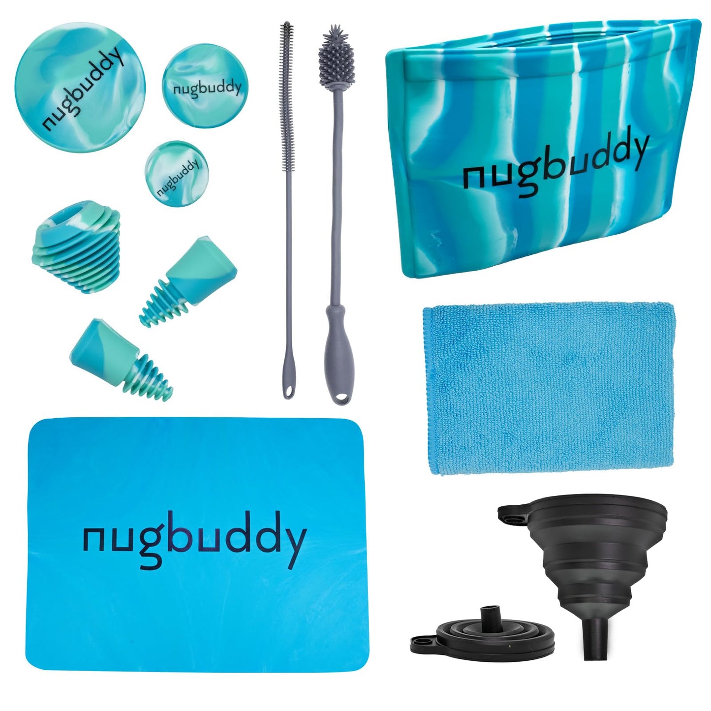 nugbuddy Glass Cleaning Kit - Reusable Silicone Accessories - Complete Kit to Clean your Piece, Just Add Cleaner - Reusable Soaker Bag, Brushes, Mat, Caps & Plugs, Funnel, & Microfiber Towel