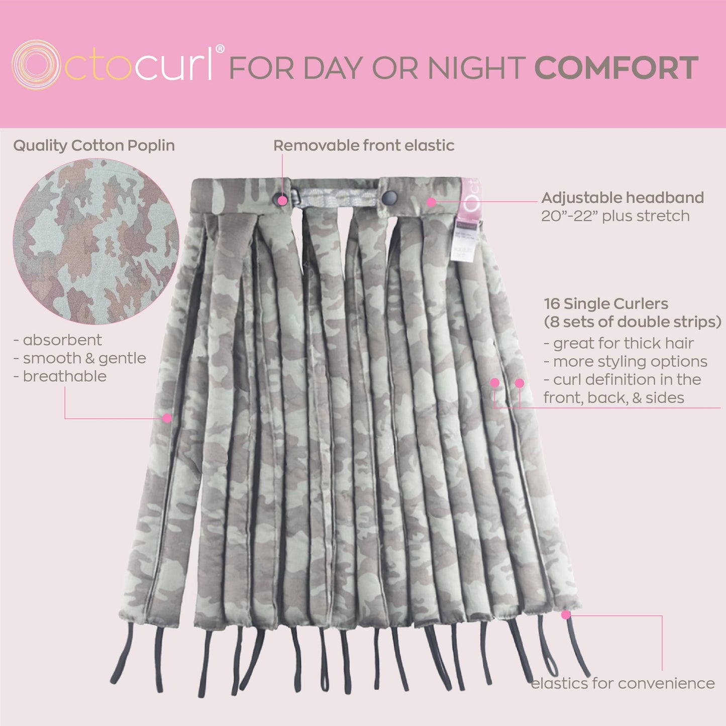 Octocurl Heatless Curls Headband - Hair Curlers to Sleep In - Heatless Curlers for Short Hair (Cotton - Camo)