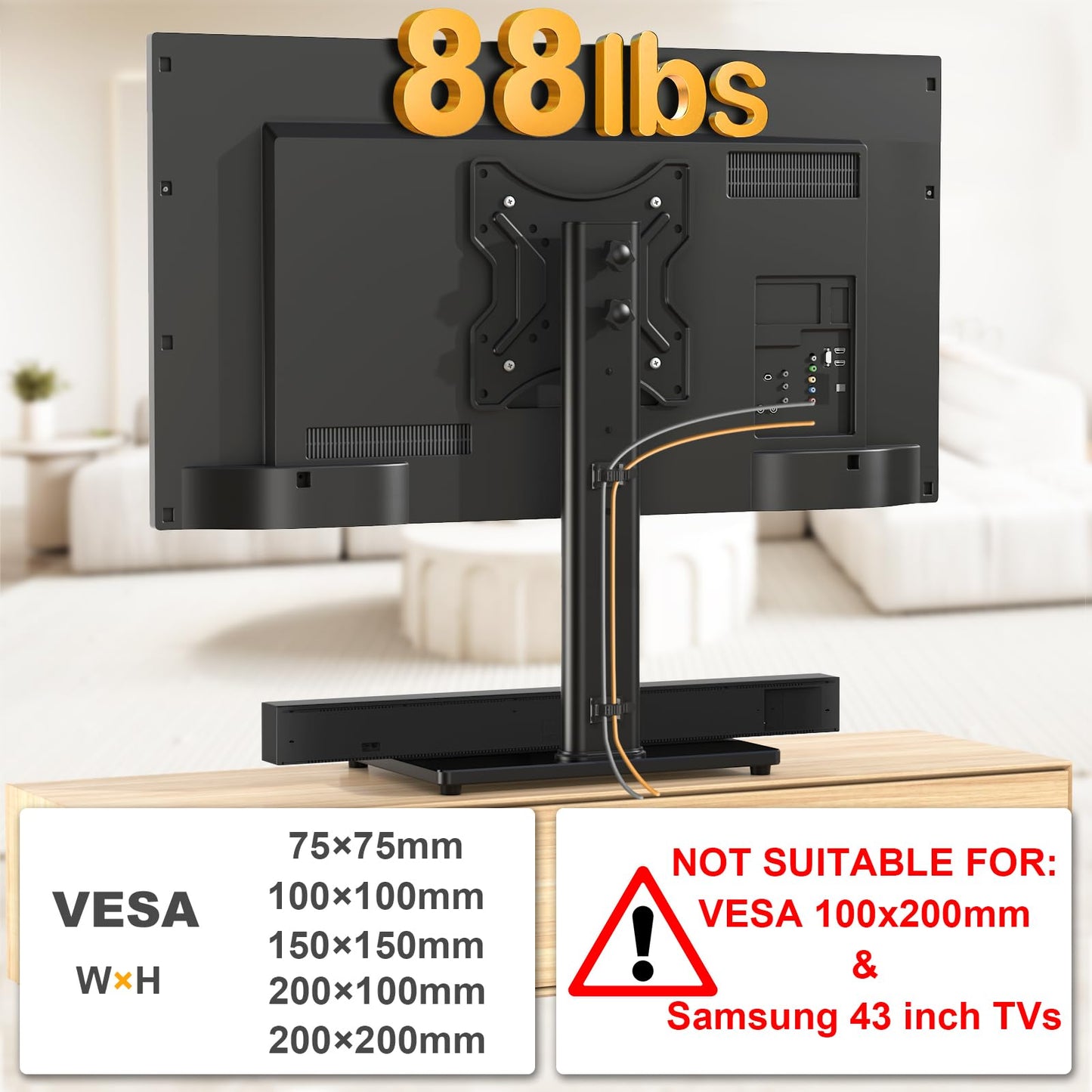 TVON Universal TV Stand Base, Swivel Table Top TV Stand for 20-43 inch TVs/Monitors with 4 Level Height Adjustment and Tempered Glass Base, Holds up to 88 Lbs, VESA 200x200mm