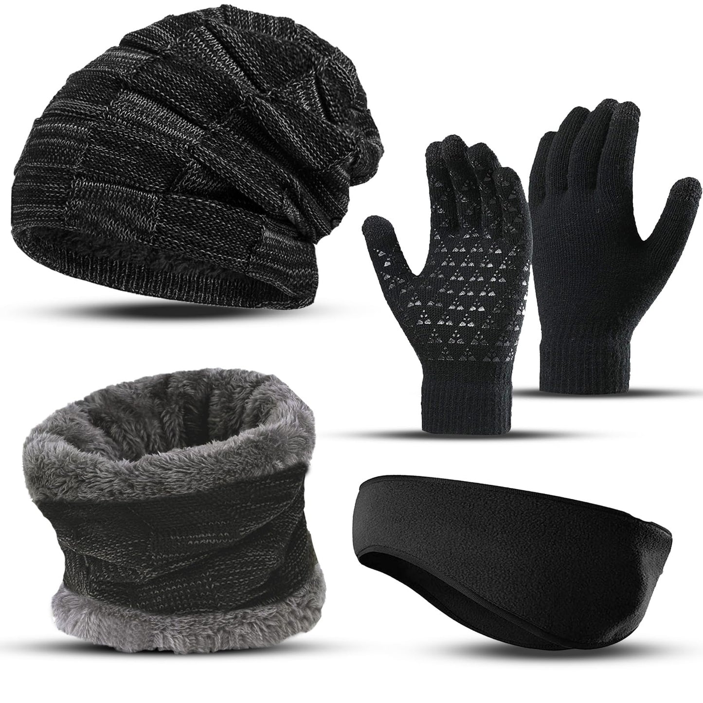 Winter Hat Scarf Gloves Set for Men Women, Knit Beanie Hat,Neck Warmer Scarf,Warmer Touch Screen Gloves and Earmuffs Ear Warmer for Men Women