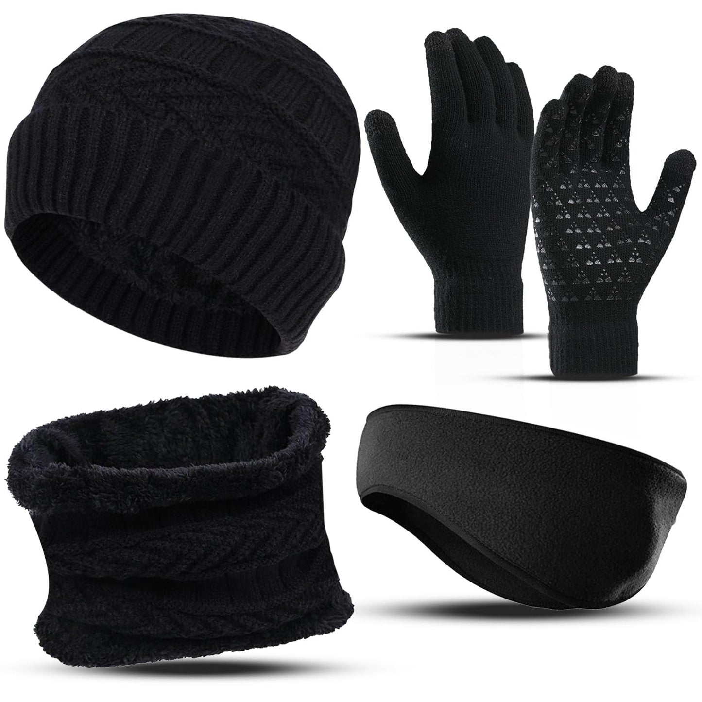ABUDDER Womens Beanie Hat Scarf Gloves Set, Fleece Lined Winter Hat,Fleece Scarf Touch Screen Gloves and Ear Warmers for Men Women (Black)