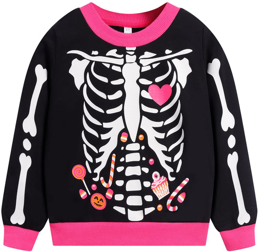 Akyzic Baby Girl Halloween Outfit Long Sleeve Crewneck Glow in the Dark Skull Sweatshirt Toddler Holiday Shirt Tops Kids Skeleton Sweaters 3t