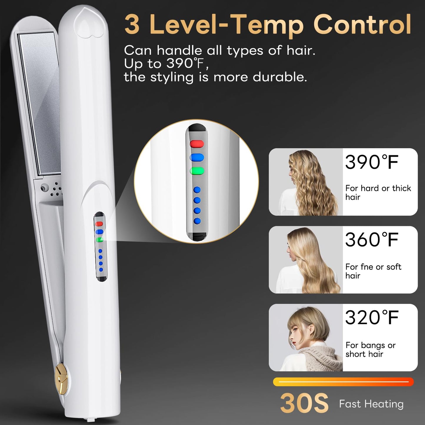 Cordless Hair Straightener and Curler 2 in 1 Ceramic Flat Iron Mini Cordless Portable Travel Hot Tools Straight Curl for Women Men USB Rechargeable with Pouch (White)