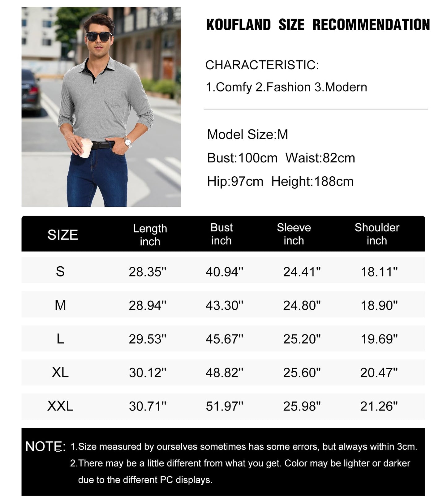 koufland Men Collar Polo Shirts Long Sleeve Button Down Shirt Lightweight Versatile Work Gym Golf Stylish Top Shirt with Pocket for Men(1-Light Gray,Medium)