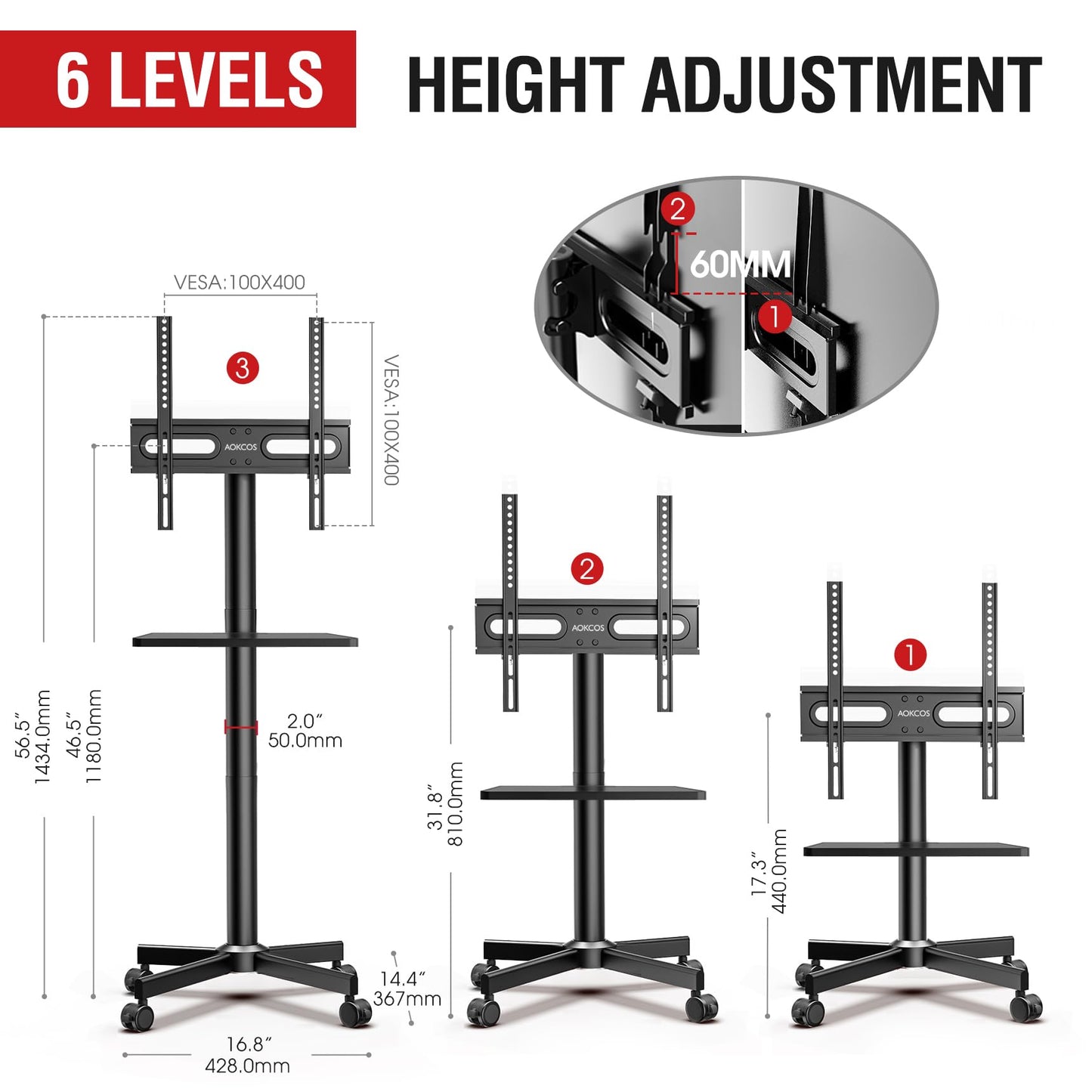 AOKCOS Rolling TV Stand - Mobile TV Stand on Wheels for 32-65 inch Flat/Curved TVs with Tilting, Height Adjustment Portable Rolling TV Cart Hold up to 88 Lbs for Livingroom, Bedroom, Office, Outdoor