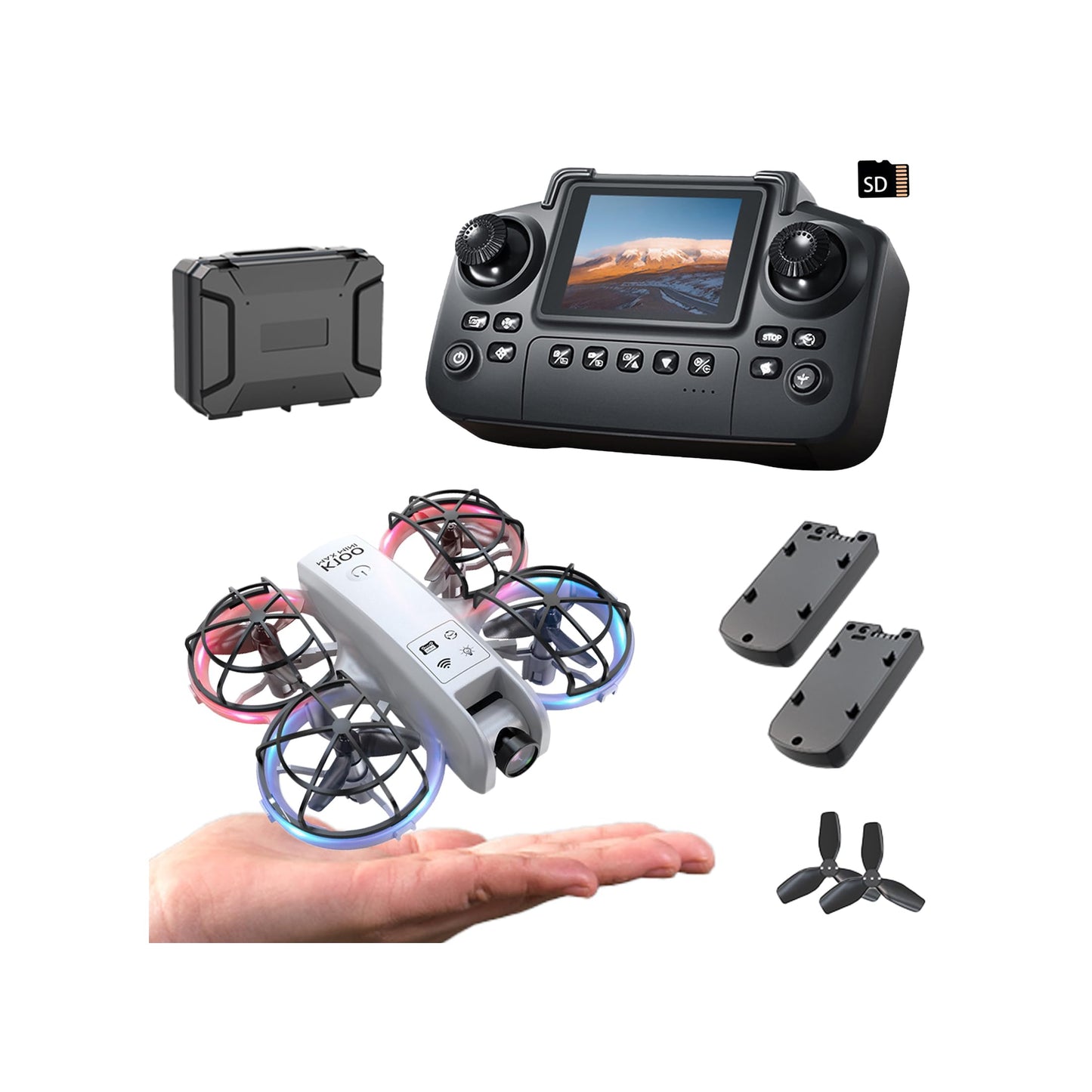 elecci K100 Mini Drone with Screen Controller with SD Card, Two-batteries, Optical Flow Positioning, All-round Protection for Flight Paddles, Suitable for Beginner. (2 batteries - White)