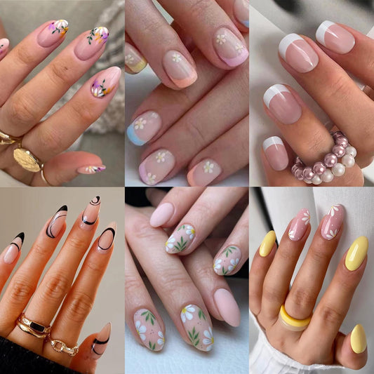 6 Packs (144 Pcs) Press on Nails Short - Jsiallye Flower Press on Nails Almond, Oval French Tip Press on Nails, Glue on Nails in 12 Sizes - 24 Fake Nails Kit, Stick on Nails for Women
