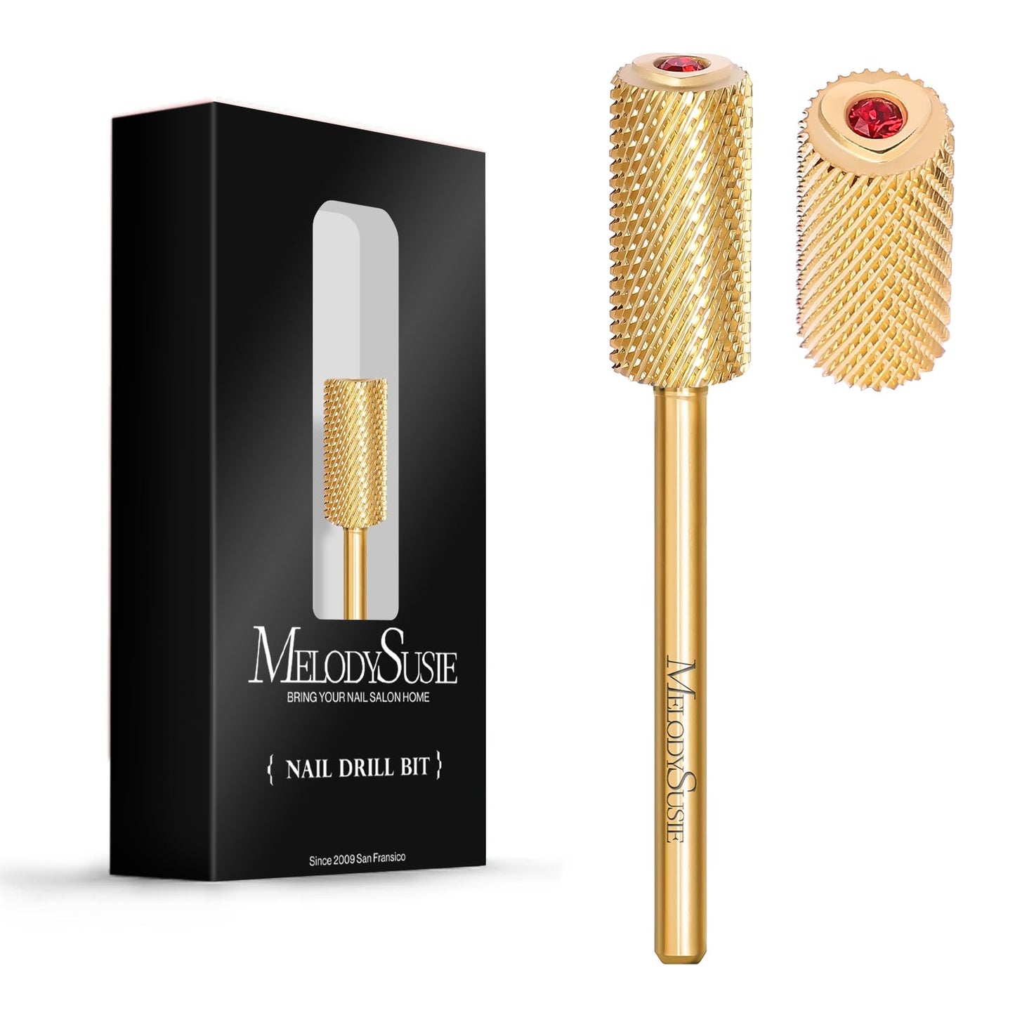 MelodySusie Crystal Top Red Heart Shape Nail Drill Bits, 3/32'' Large Barrel Carbide Bits, Suitable for Manicure Pedicure Cuticle Gel Polishing, Beginners Bits, Gold, Series Bit-S, Medium