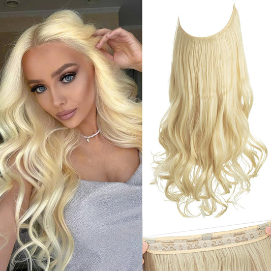 SARLA Invisible Wire Hair Extensions with 3 Clips Short Synthetic Wavy Curly Hairpiece Adjustable Transparent Headband for Women 14 Inch Beach Blonde