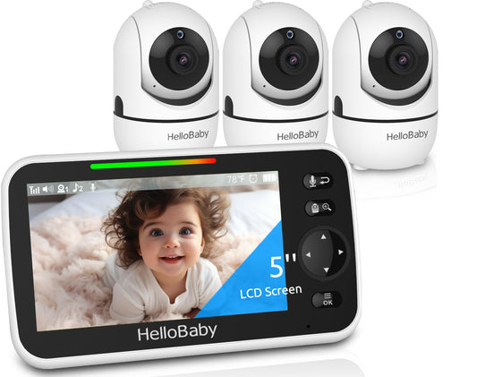 HelloBaby HB6550 5" Baby Monitor 3 Cameras, 30-Hour Battery, Pan-Tilt-Zoom,1000ft Range Video Audio Baby Monitor No WiFi, ECO, Night Vision, 2-Way Talk, 8 Lullabies and Temperature, Ideal Gifts