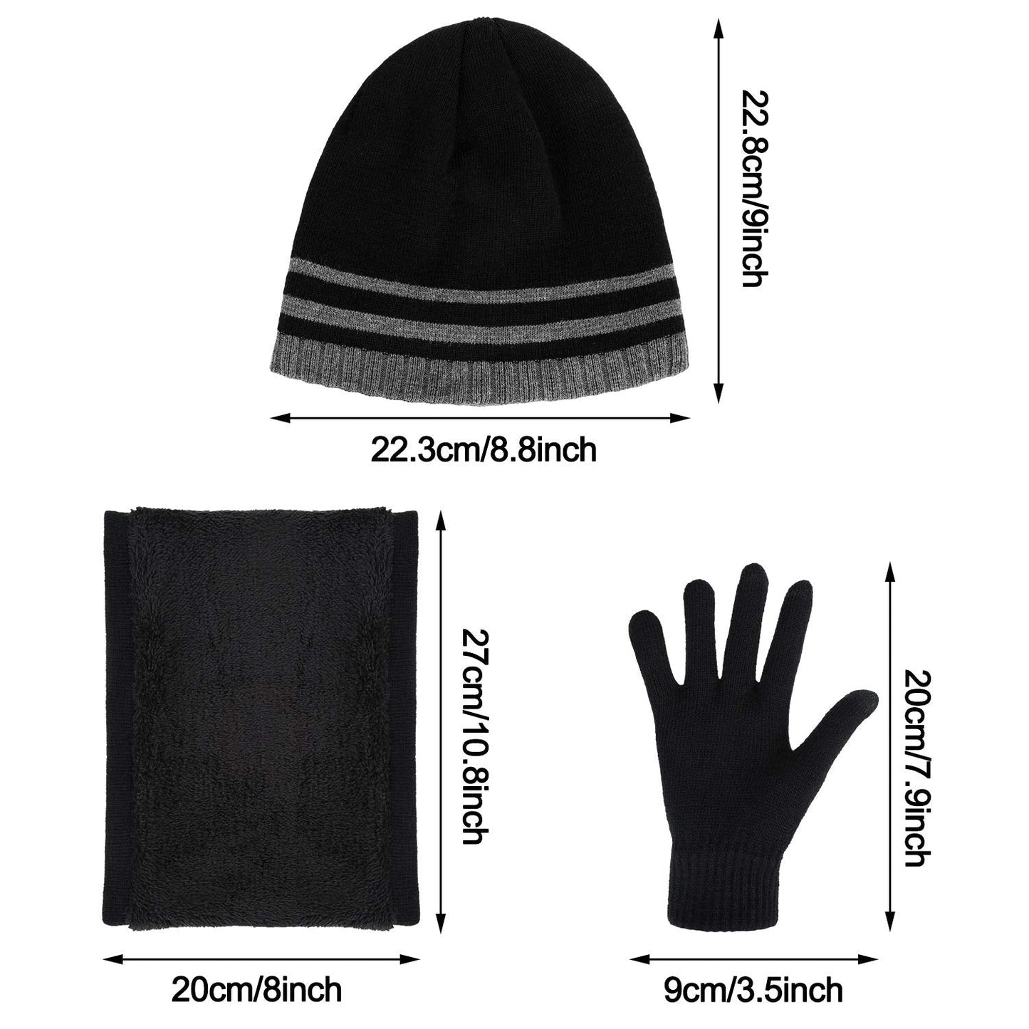 Men's Winter Beanie Hat, Warm Knit Scarf and Touch Screen Gloves Set, 3 Pieces (Black)