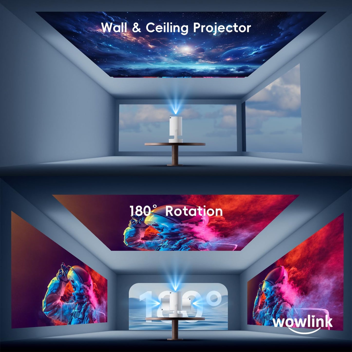 [Built-in Apps & 2025 Upgraded] Mini Projector with WiFi 6 and Bluetooth 5.4 Support 4K 1080P Auto Keystone 180° Rotatable Projector Portable Compatibile with HDMI/TV Stick/Memory Stick/Laptop, White