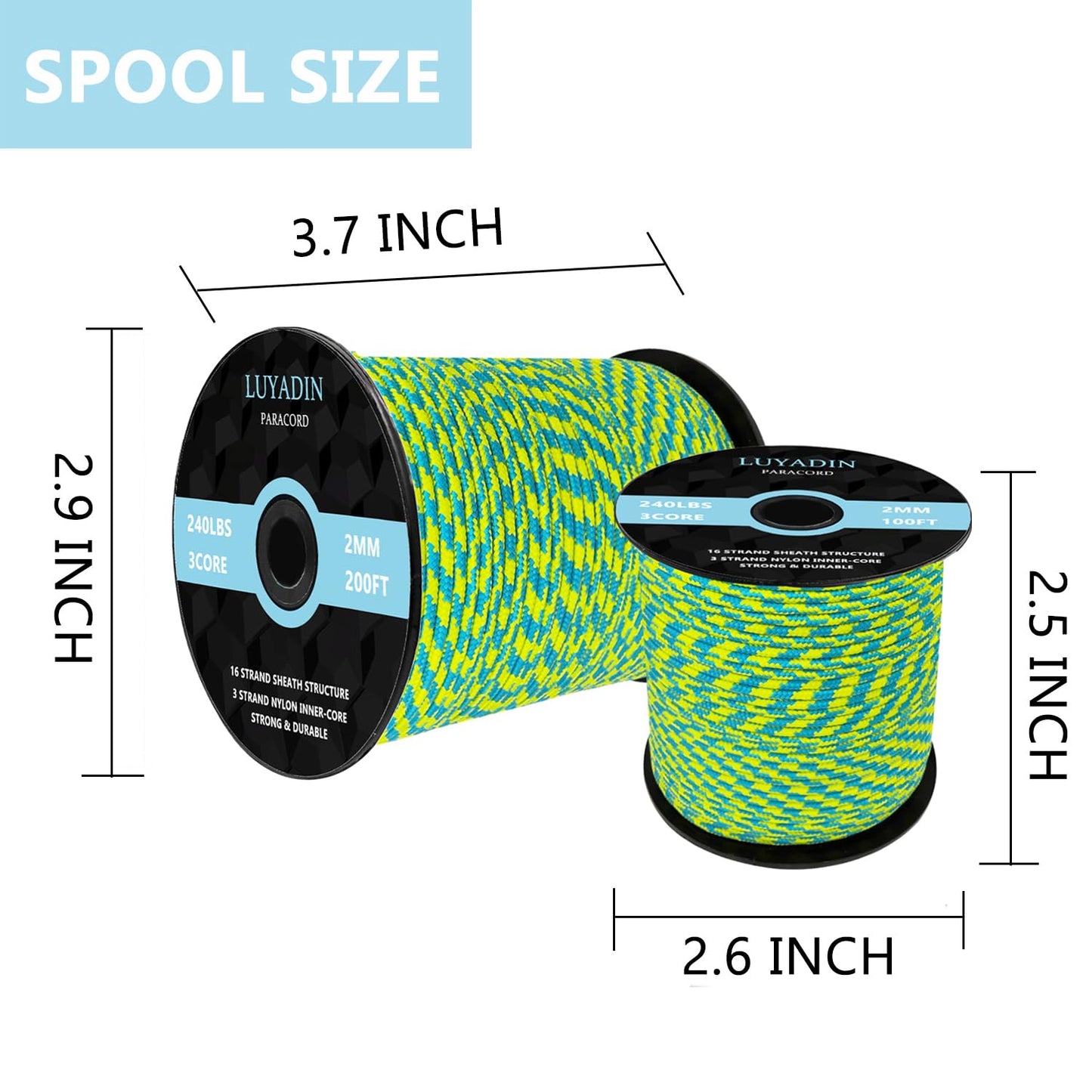 LUYADIN Paracord 240lb - Diameter 2mm Micro Utility Cord -3 Strand Parachute Spool Cord - 100ft 200ft,Paracord for Camping,Hiking,Fishing,Outdoor and DIY