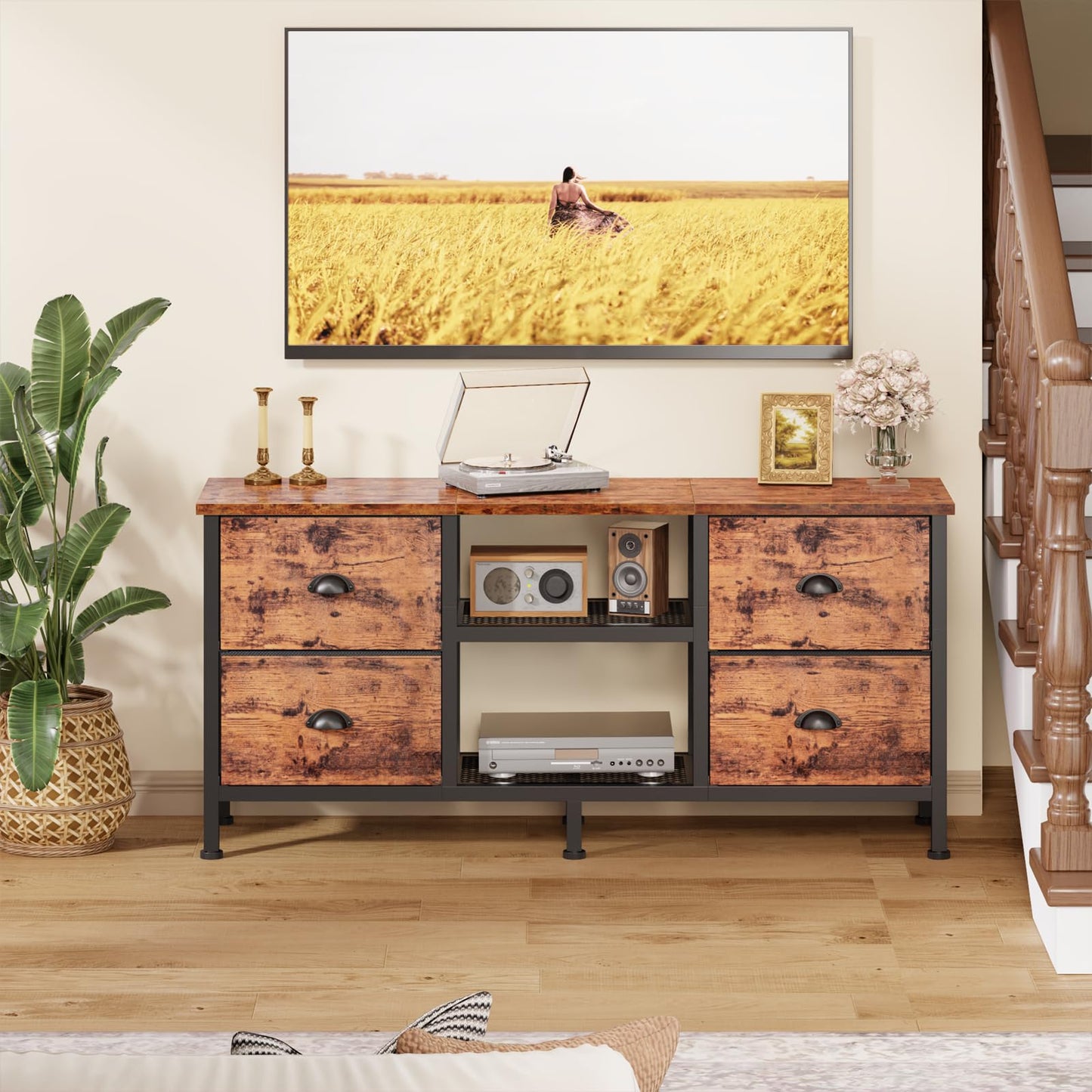Furologee TV Stand Dresser with 4 Drawers, Television Stand with Open Shelf, Entertainment Center for 50" TV, Industrial Media Center for Bedroom, Living Room, Rustic Brown