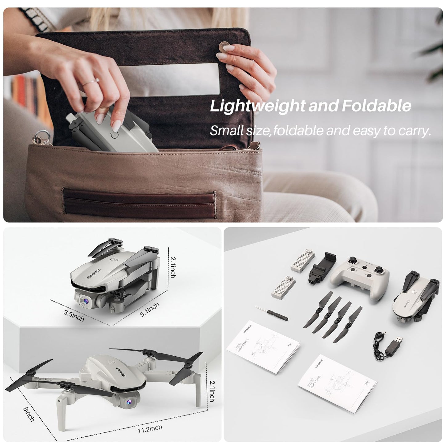 Simrex Drone With 1080P FPV Camera for Adults - Quadcopter Drone with Hover Stable, Foldable Mini Drones With One Key Start, Waypoint Fly, Headless Mode, Auto-Follow, 3D Flip, 3 Speeds, 2 Batteries, Easy for Beginners