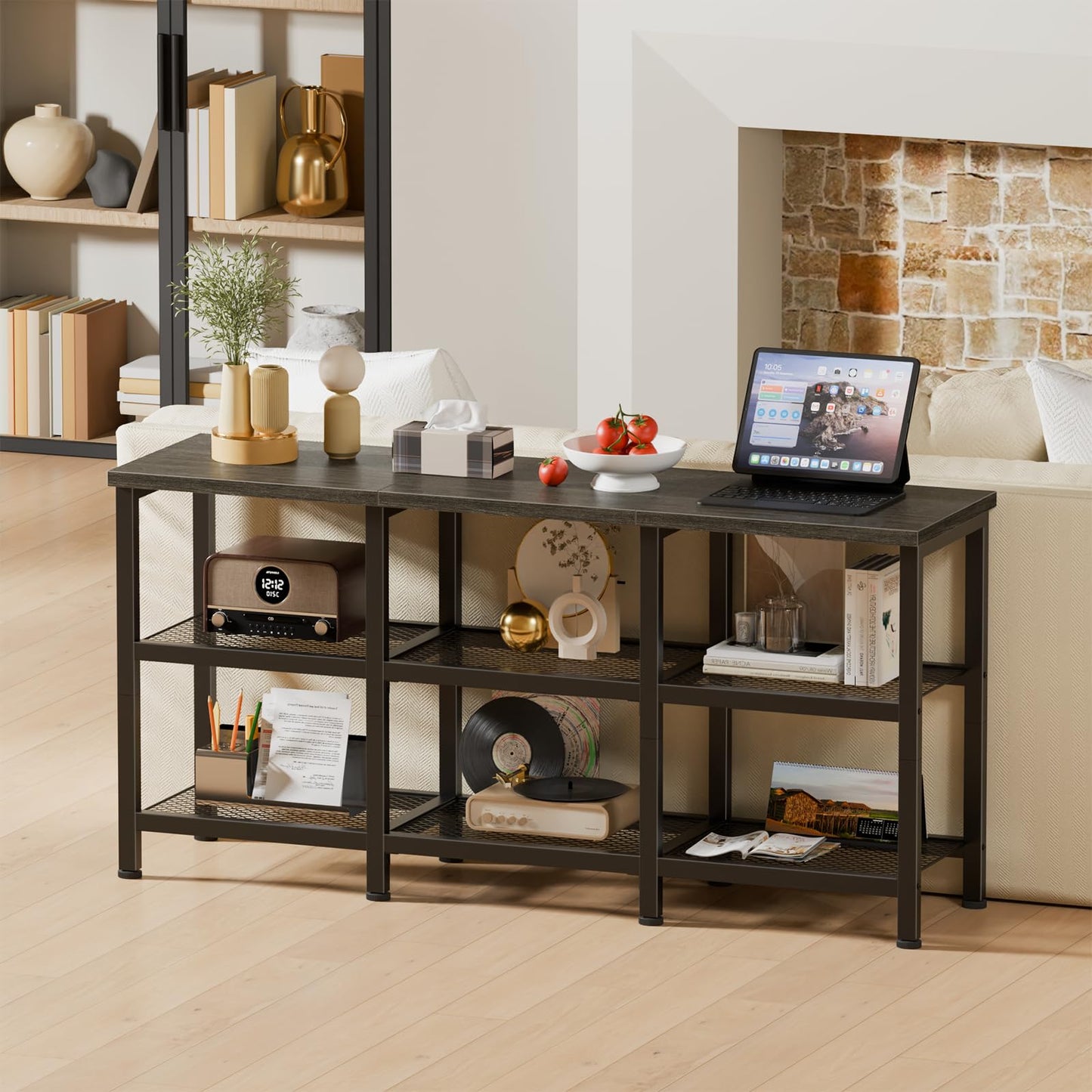 Furologee TV Stand, 43 Inch Entertainment Center with 3-Tier Storage Shelves, Industrial Media Console Table for TVs up to 50 Inch, Television Stands for Living Room, Bedroom, Light Black Oak