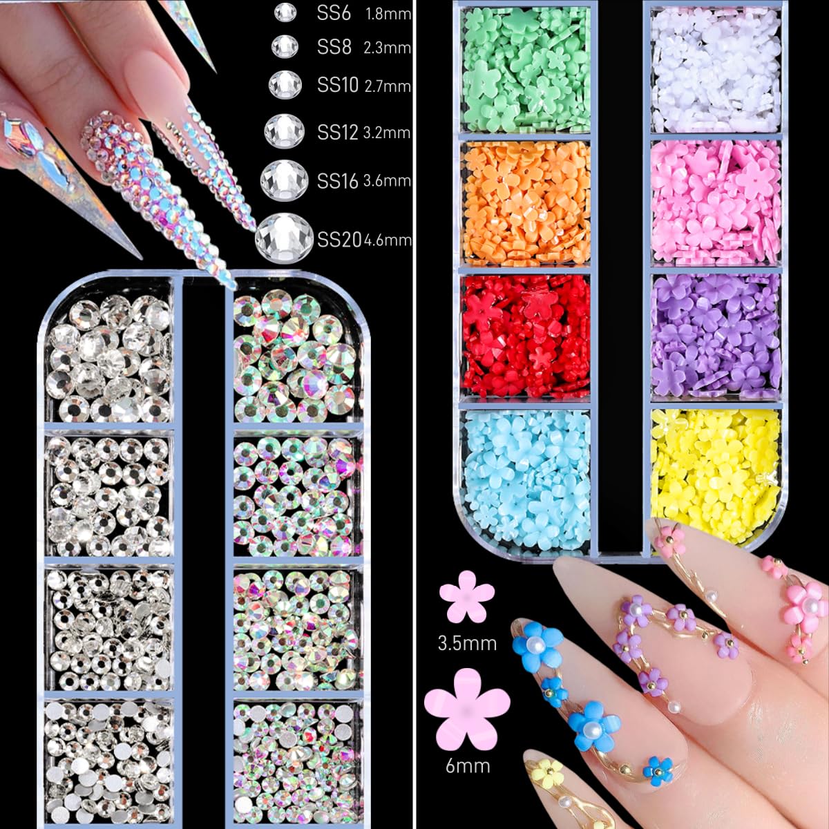 editTime 5 Boxes Shiny Colorful Nail Art Rhinestones Nail Stone Gems Design Kit and 4 sheets flower nail art stickers with a Curved Tweezers and a Nail Brush (6-rhinestones kit-3)