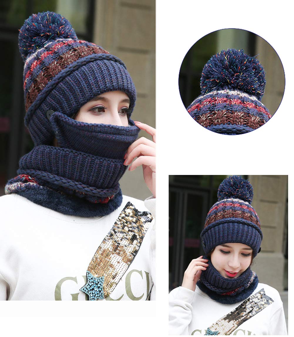 3 in 1 Winter Knitted Beanie Hat Scarf Mouth Face Warmer Set for Women Girls, Thermal Fleece Lined Ski Caps with Pompom Neck Warmer (Fashion Navy Blue)