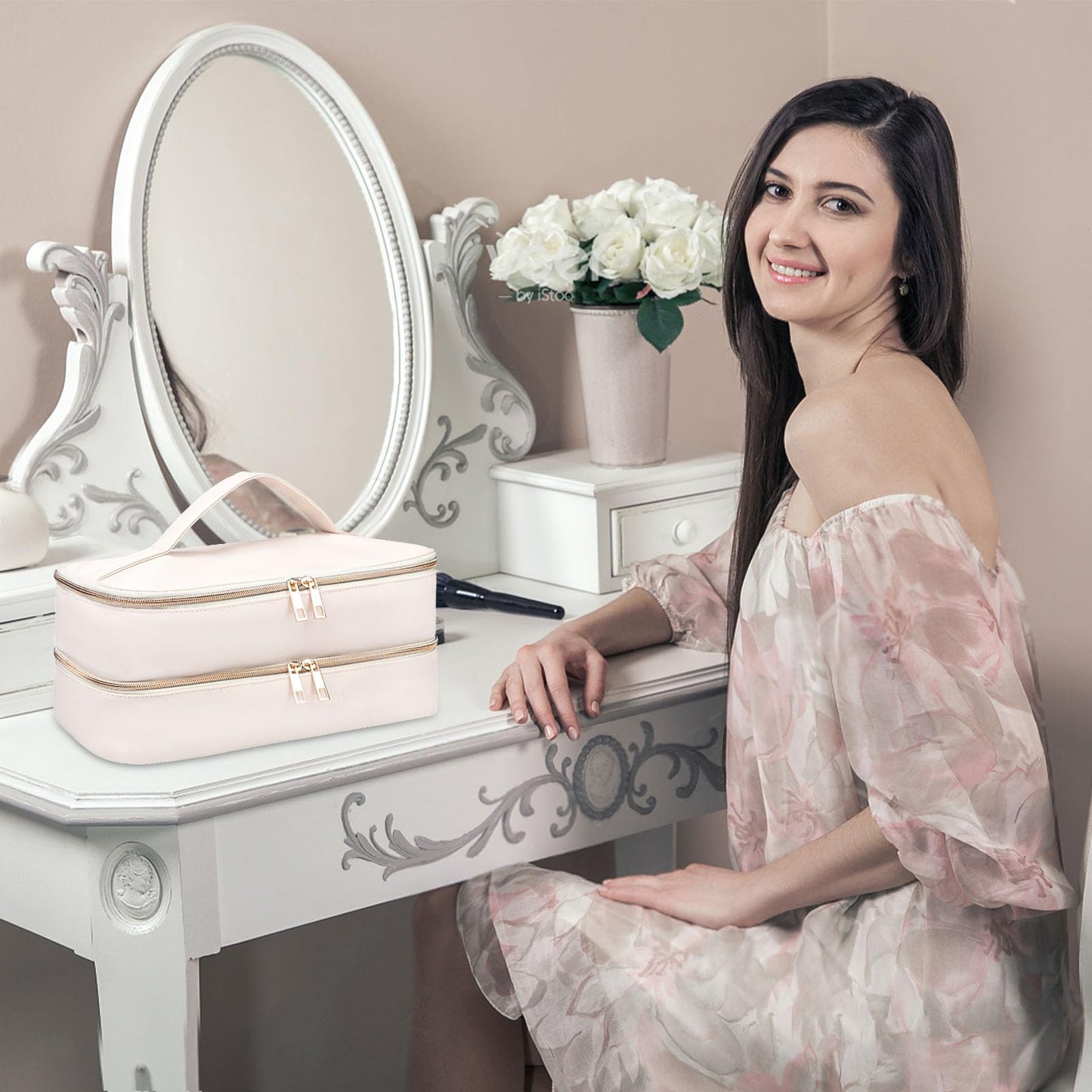 Sambois Travel Carrying Case for Shark Flex Style, Double Layer Storage Case for Shark SpeedStyle Hair Dryer Attachments, Waterproof PU Leather Organizer Bag for Shark Airwrap Styler (Dianthus White)