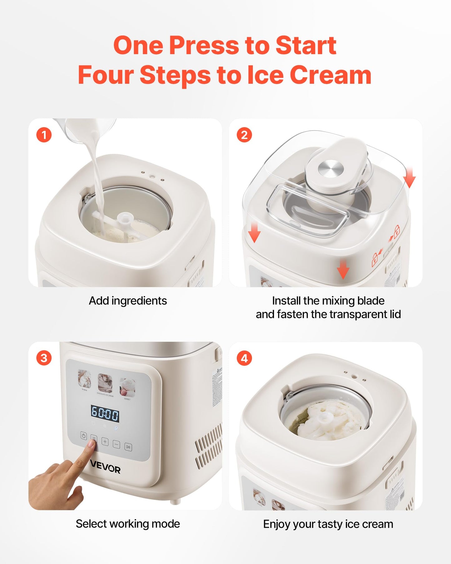VEVOR Upright Automatic Ice Cream Maker with Built-in Compressor, 1 Quart No Pre-freezing Gelato Maker & Frozen Yogurt Machine, 4 Modes Electric Sorbet-Maker, Compressor Ice Cream Machine for Home