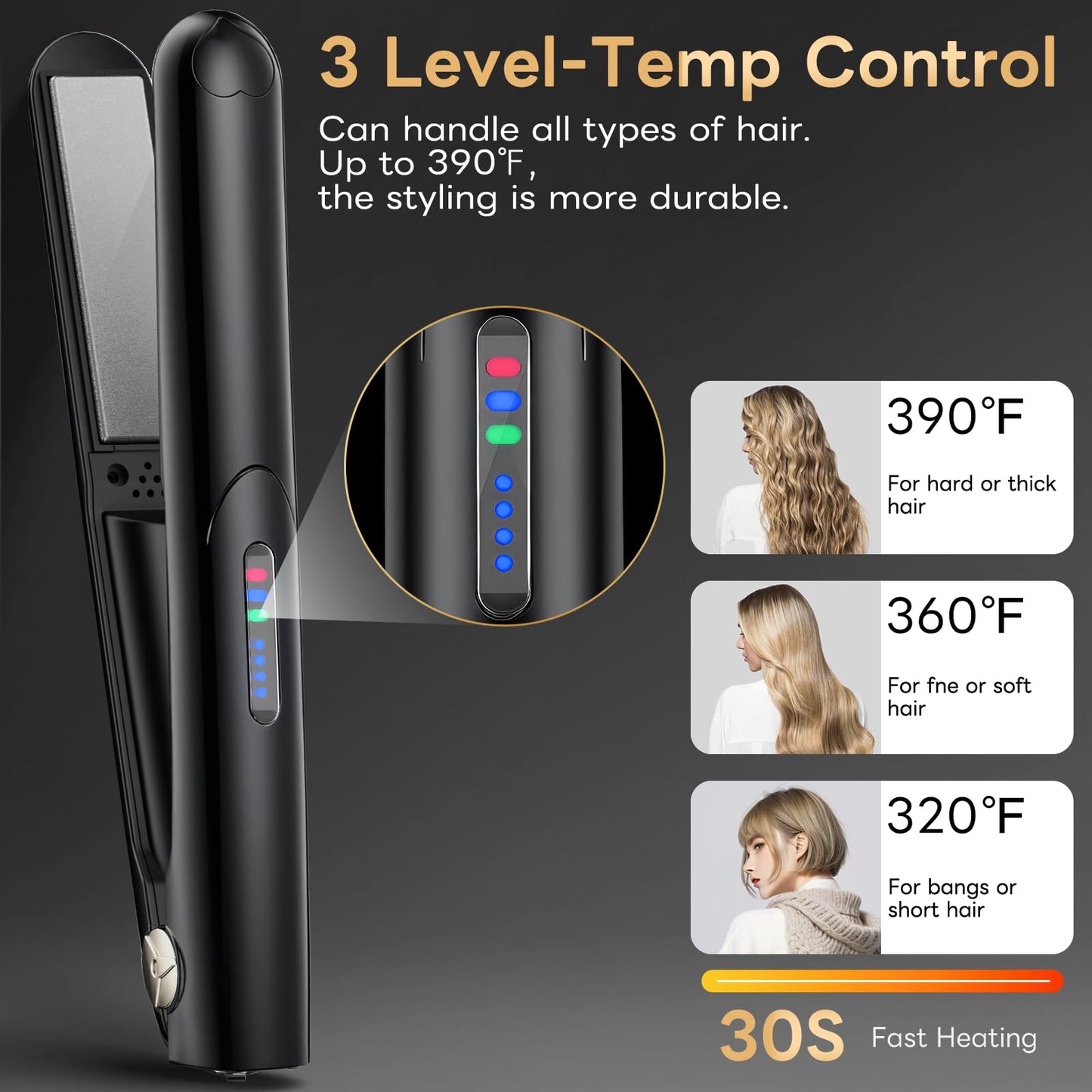 Cordless Hair Straightener and Curler 2 in 1 Ceramic Flat Iron Mini Cordless Portable Travel Hot Tools Straight Curl for Women Men USB Rechargeable with Pouch (Black)