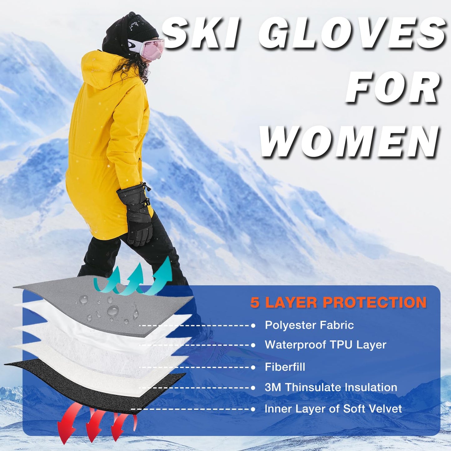 Solaris Waterproof Warm Ski Gloves with Pocket, Winter Cozy 3M Thinsulate Outdoor Snowboard Gloves for Women, Youth, Kid, Skiing, Snowboarding, Motorcycling, Shoveling, Small Size