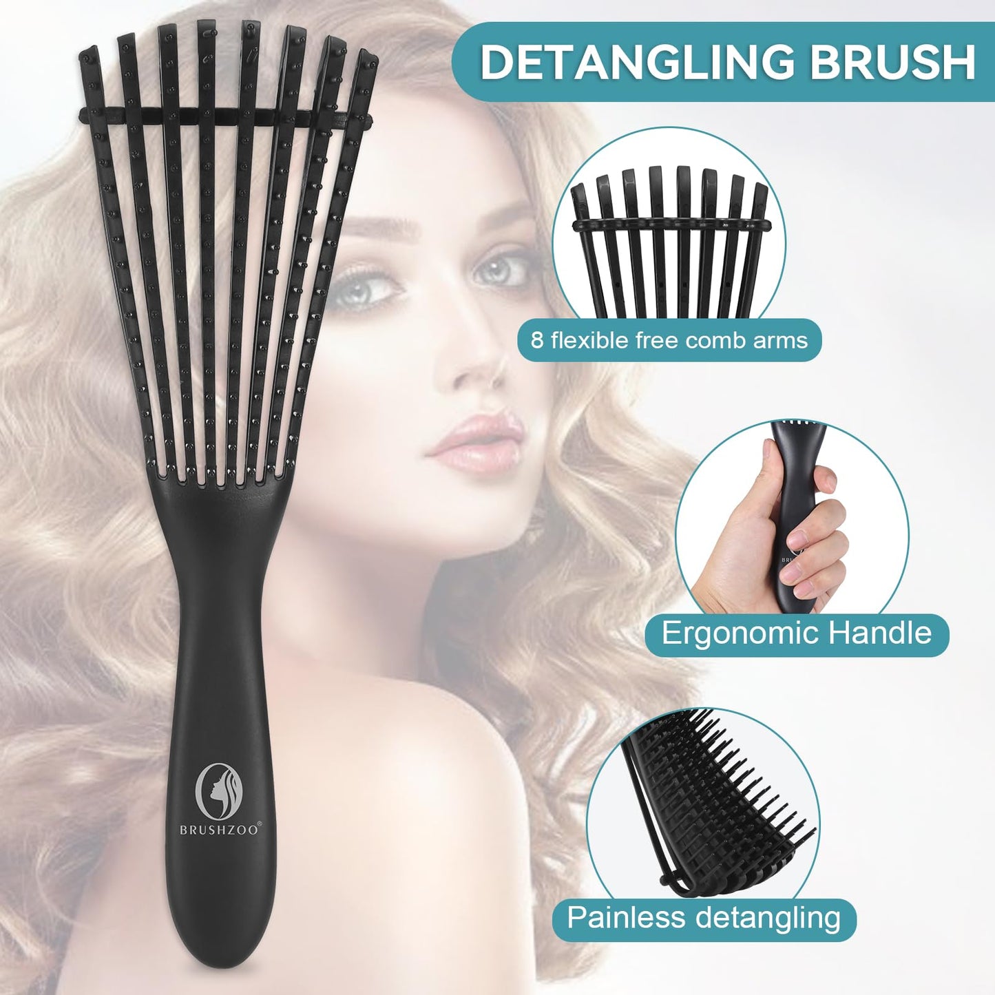 BRUSHZOO Hair Brush Set, Hair Brushes for Women Men kid Wet Dry All Hair Detangling Parting Styling, Brush Set with Detangler Brush, Edge Brush, Teasing brush, Rat Tail Comb (Black)