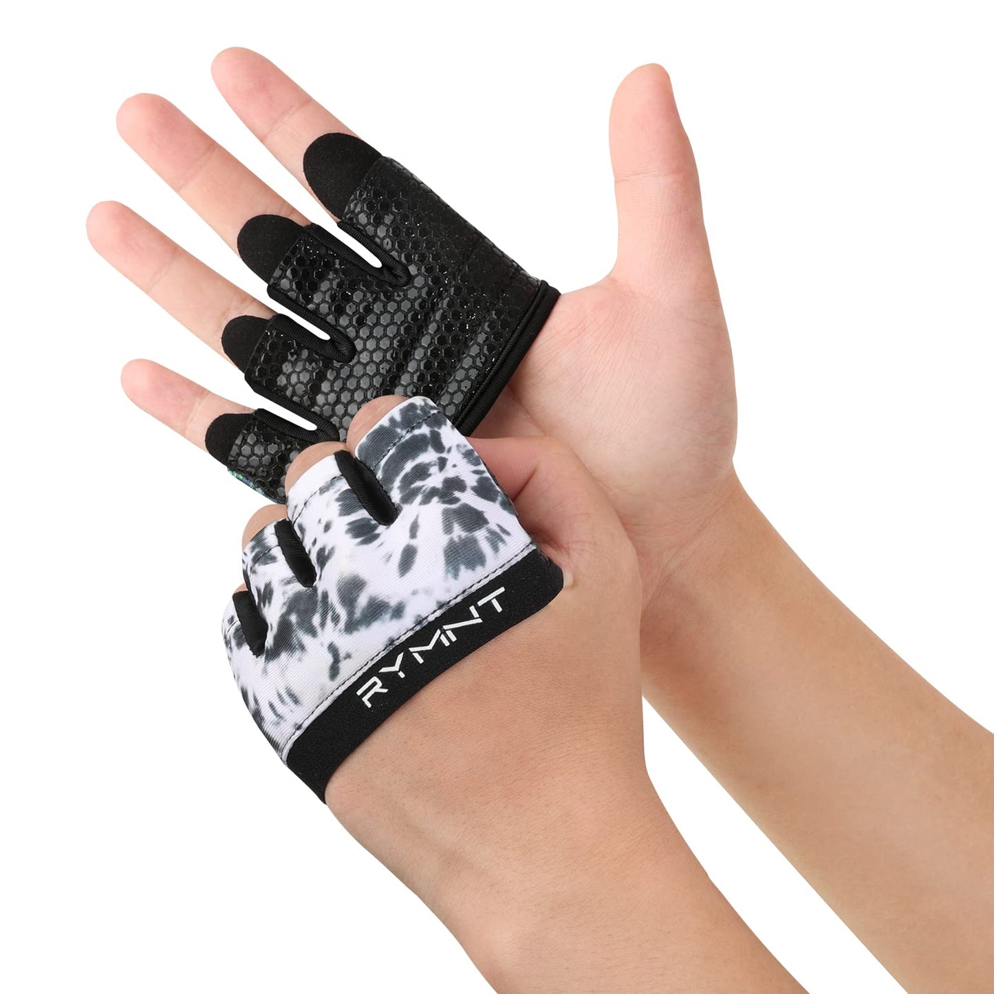 RYMNT Minimal Workout Gloves,Short Micro Weight Lifting Gloves Grip Pads with Full Palm Protection & Extra Grip for Men Women Weightlifting,Gym,Cross Training,Powerlifting,WODs.Tie Dye White.Small