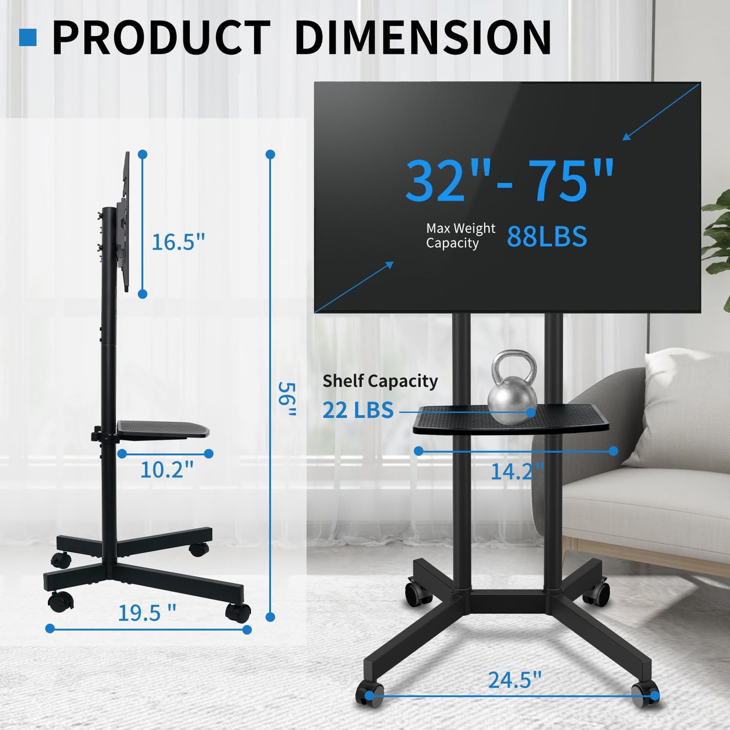 Rolling TV Stand with Wheels for 32-75 Inch TVs up to 88lbs, Portable TV Stand with Shelf, Mobile TV Cart for Living Room, Office, Meeting Room, Outdoor