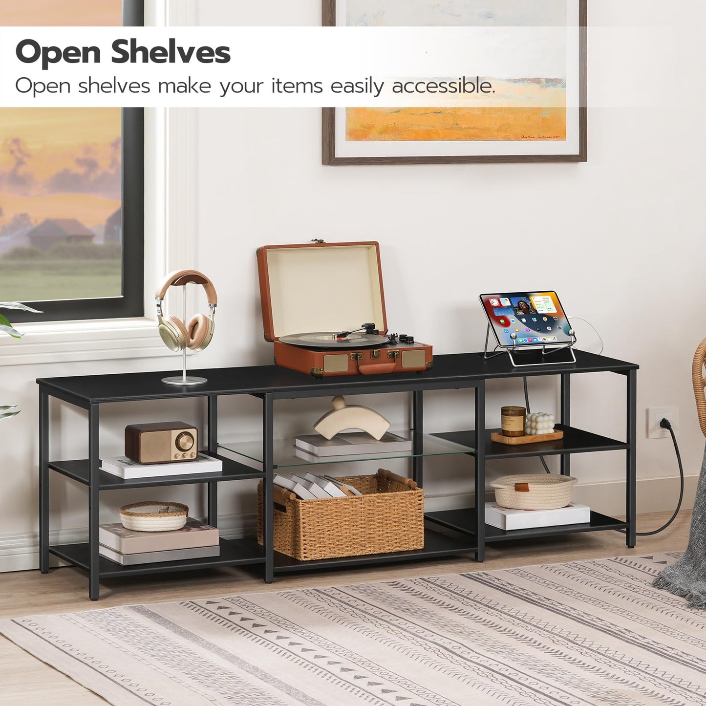 HOOBRO LED TV Stand for 65 Inch TVs with Charging Station, Gaming Entertainment Center with 3-Tier Open Storage, Long Media TV Console Table, TV Stand for Living Room, Bedroom, Black BB20UDDS01