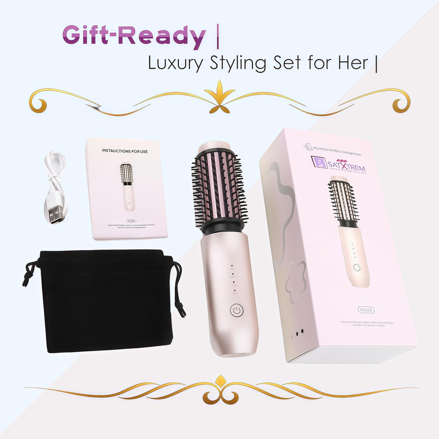 Satxtrem 2-in-1 Cordless Curling Iron & Straightener Brush,Heated Hair Styler with Needle Teeth Comb,USB-C Rechargeable,4 Temp,200M Ionic for Curls/Straightening/Smoothing (Women & Travel) (Pink Gold)