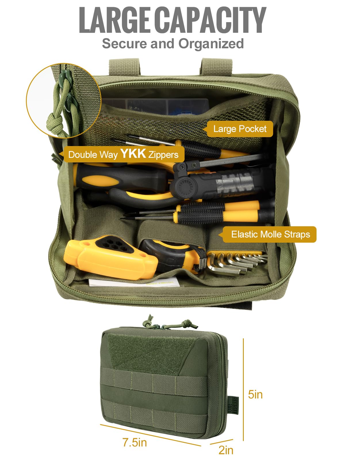 OneTigris MOLLE Pouch, Tactical Admin Pouch Belt EDC Tool Organizer Zippered Utility Waist Pack 7.5"x5"x2"