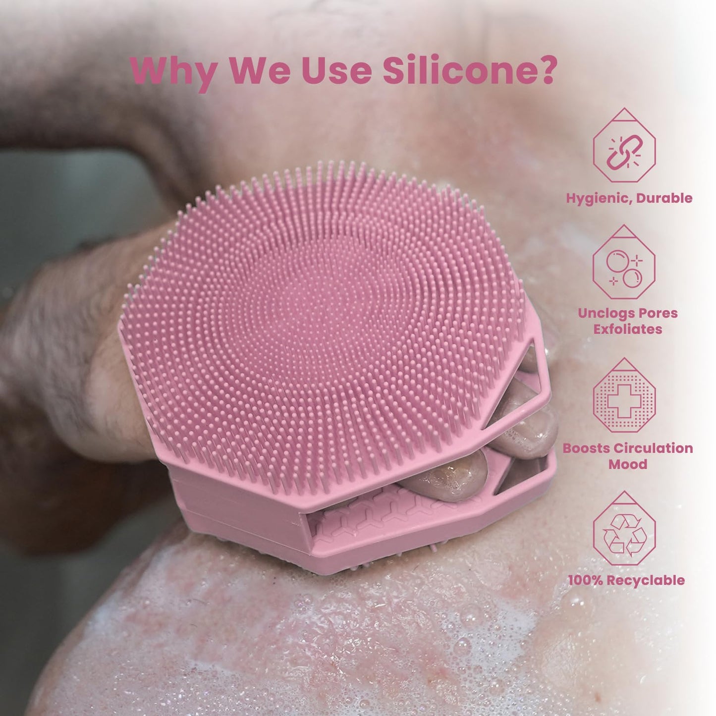 iTokGoK® Premium Silver-Infused Double-Sided Design 2-in-1 Silicone Body Scrubber for Women,Body Buffer Scrubber for Sensitive Skin, Ergonomic No-Slip Handle, Long-Lasting & Easy to Clean - Pink