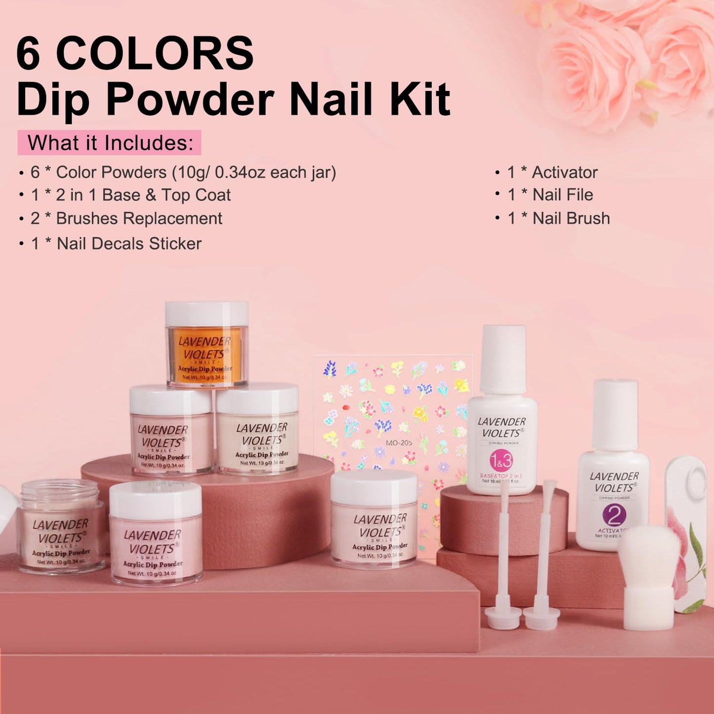 Lavender Violets 13Pcs Dip Powder Nail Kit Starter - 6 Colors Nude Pink Orange Yellow Glitter Dip Powder Liquid Set with Base & Top Coat Activator for Beginners and Professionals DIY Manicure M227